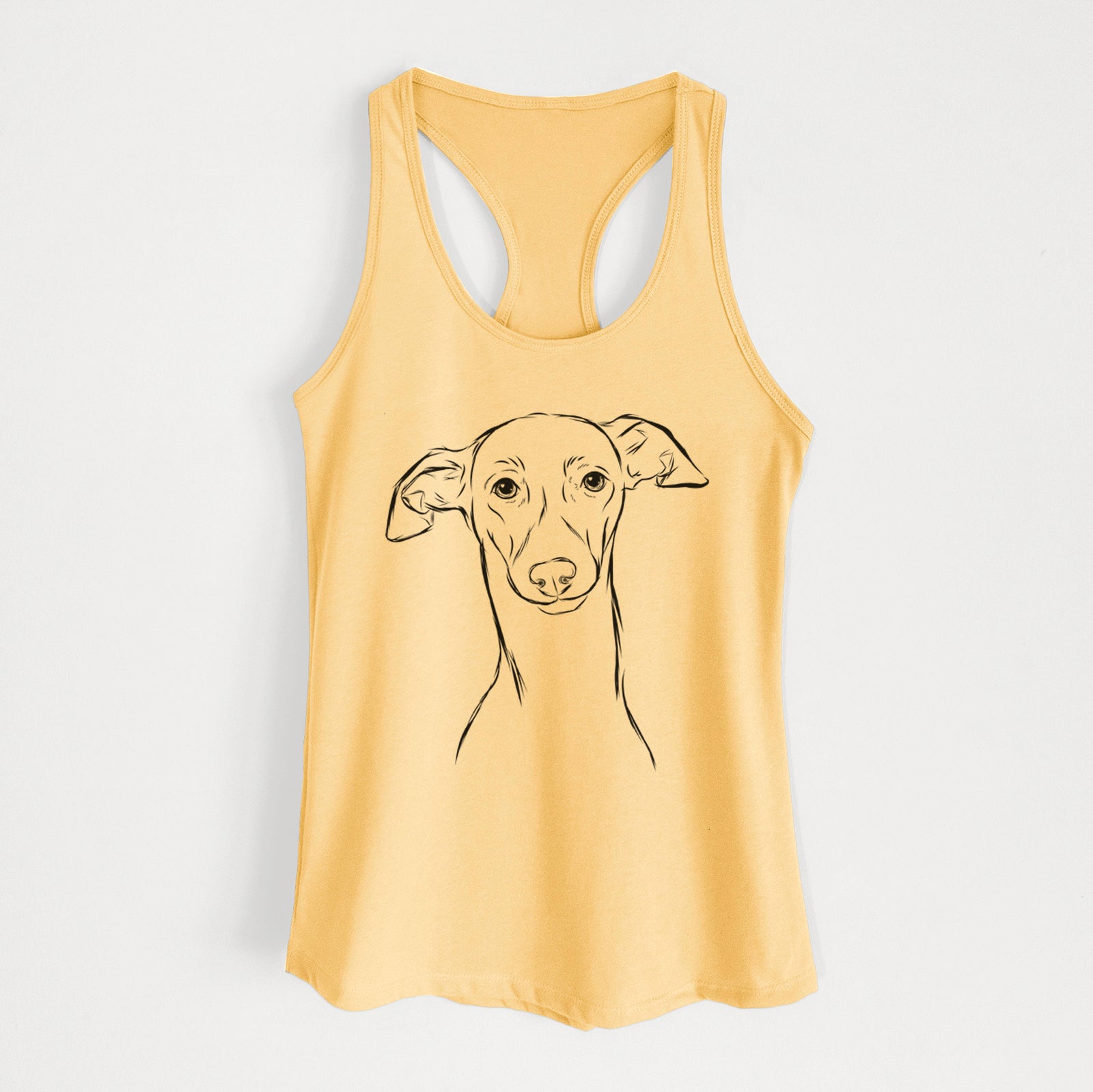 Hand-drawn sketch of Ziggie the Italian Greyhound on a Banana Cream Women's racerback tanktop