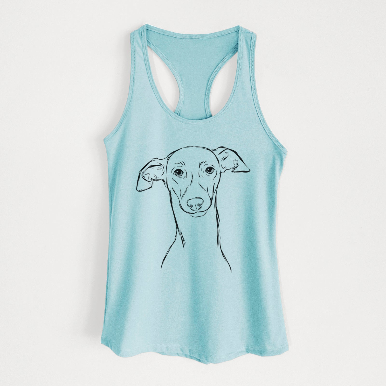 Hand-drawn sketch of Ziggie the Italian Greyhound on a Cancun Blue Women's racerback tanktop
