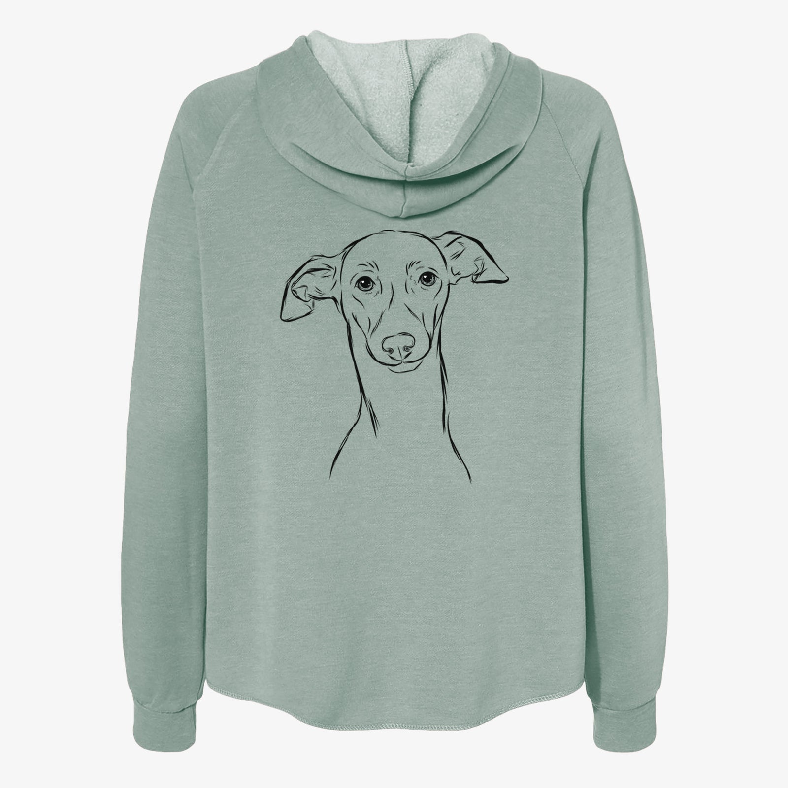 Hand-drawn sketch of Ziggie the Italian Greyhound on a Sage Women's cali wave zip-up sweatshirt
