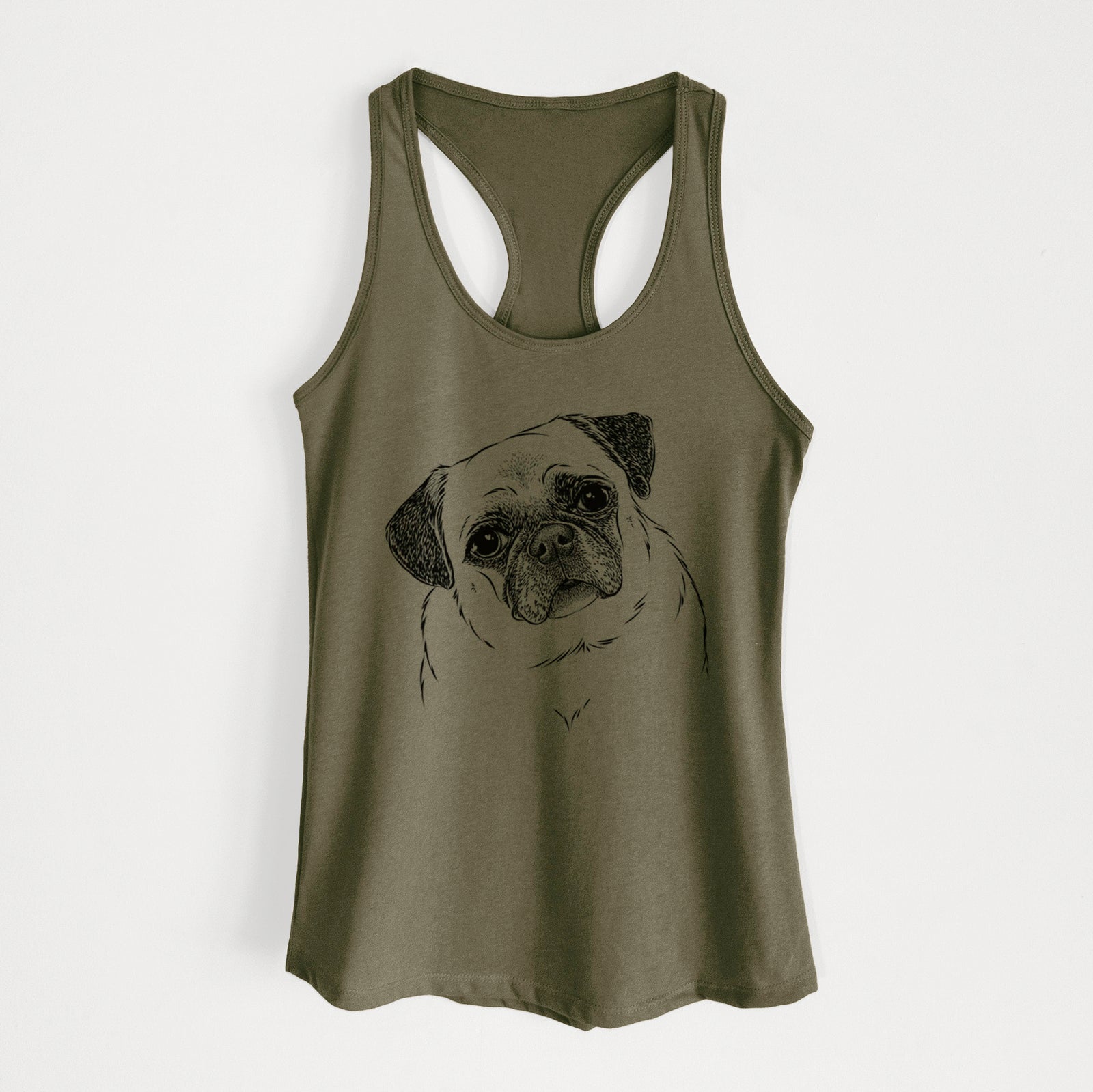 Hand-drawn sketch of Zoey the Pug on a Military Green Women's racerback tanktop