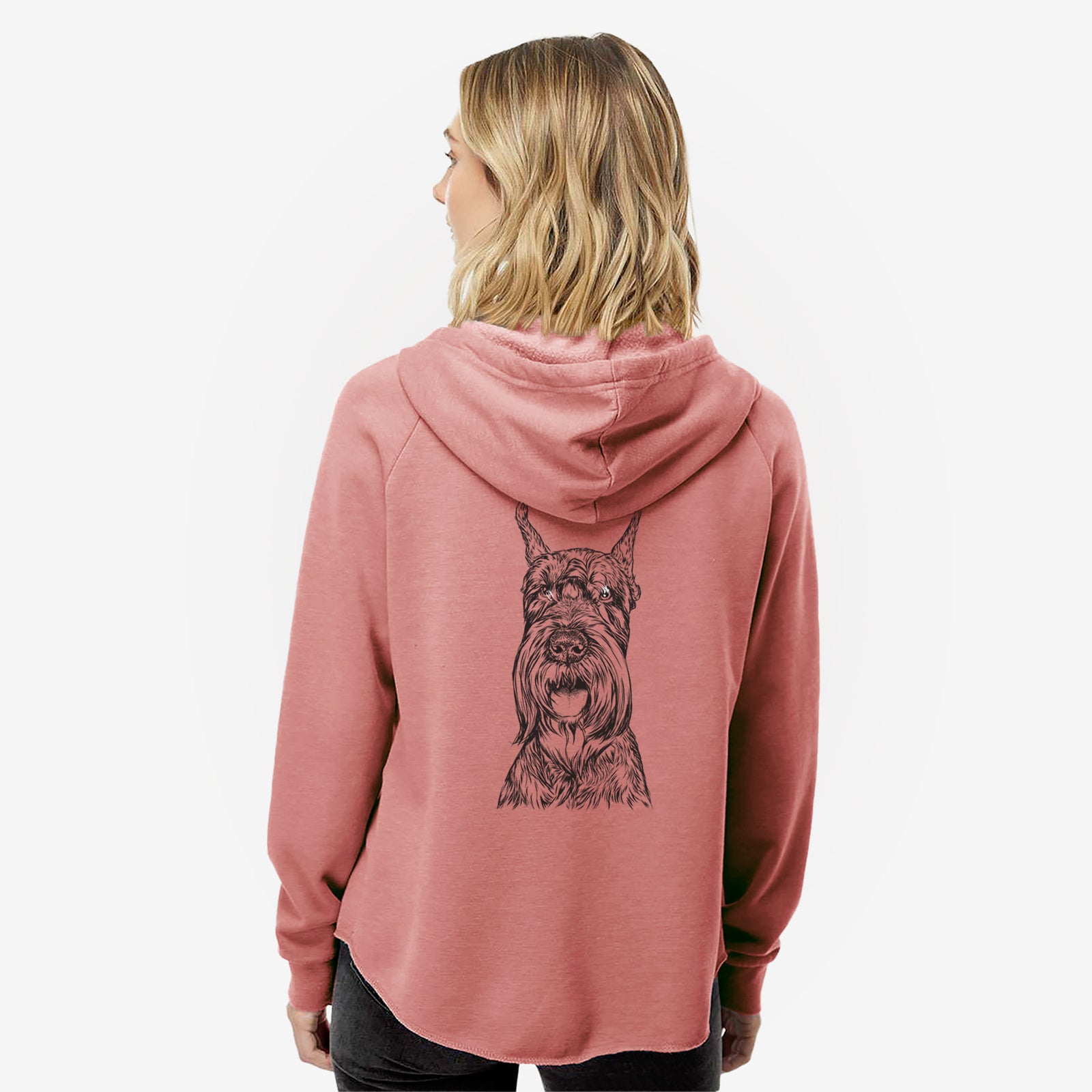 Hand-drawn sketch of Zuri the Giant Schnauzer on a Dusty Rose Women's cali wave zip-up sweatshirt