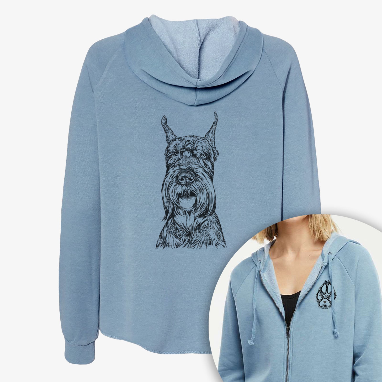 Hand-drawn sketch of Zuri the Giant Schnauzer on a Women's cali wave zip-up sweatshirt, shown with icons of the other available costume styles
