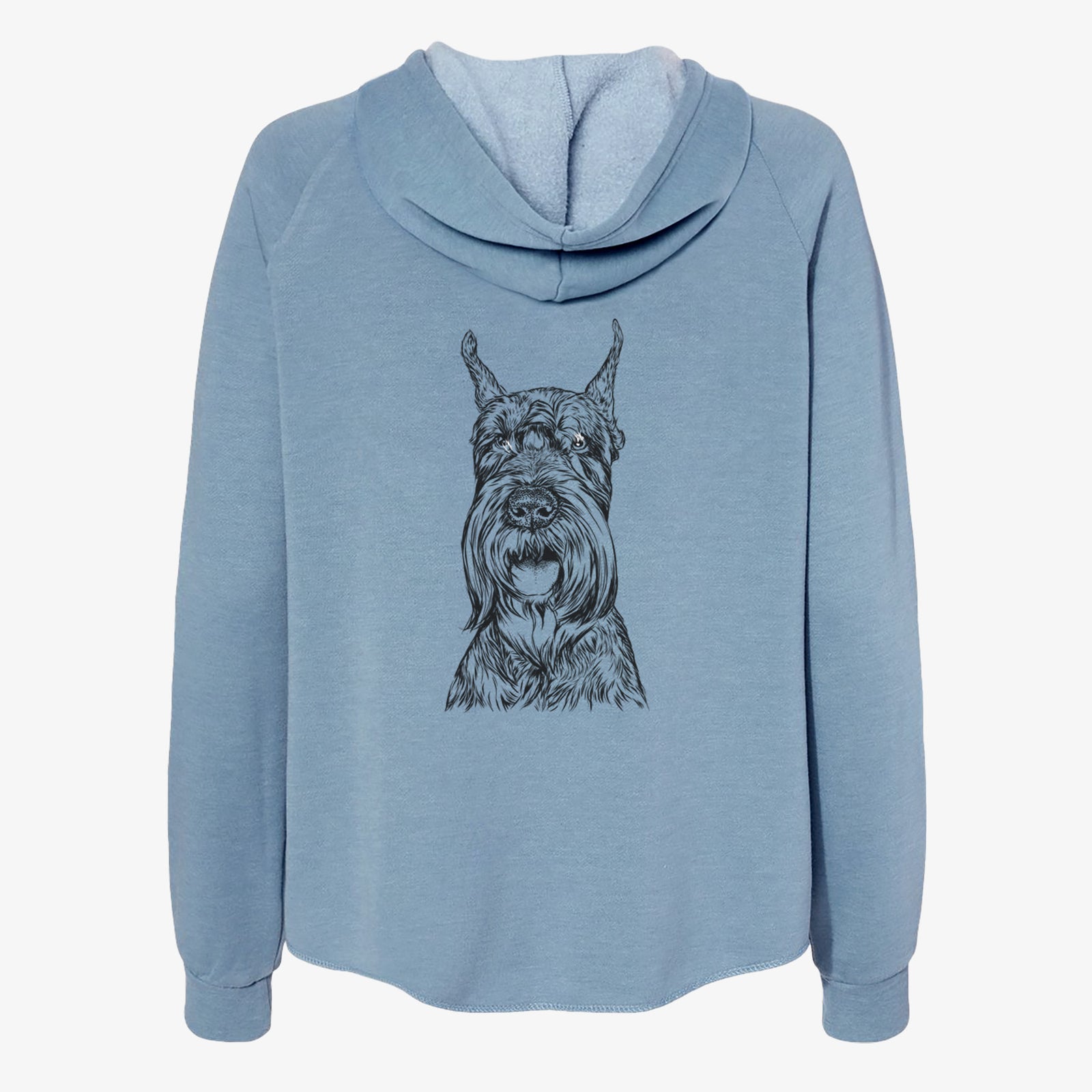 Hand-drawn sketch of Zuri the Giant Schnauzer on a Misty Blue Women's cali wave zip-up sweatshirt