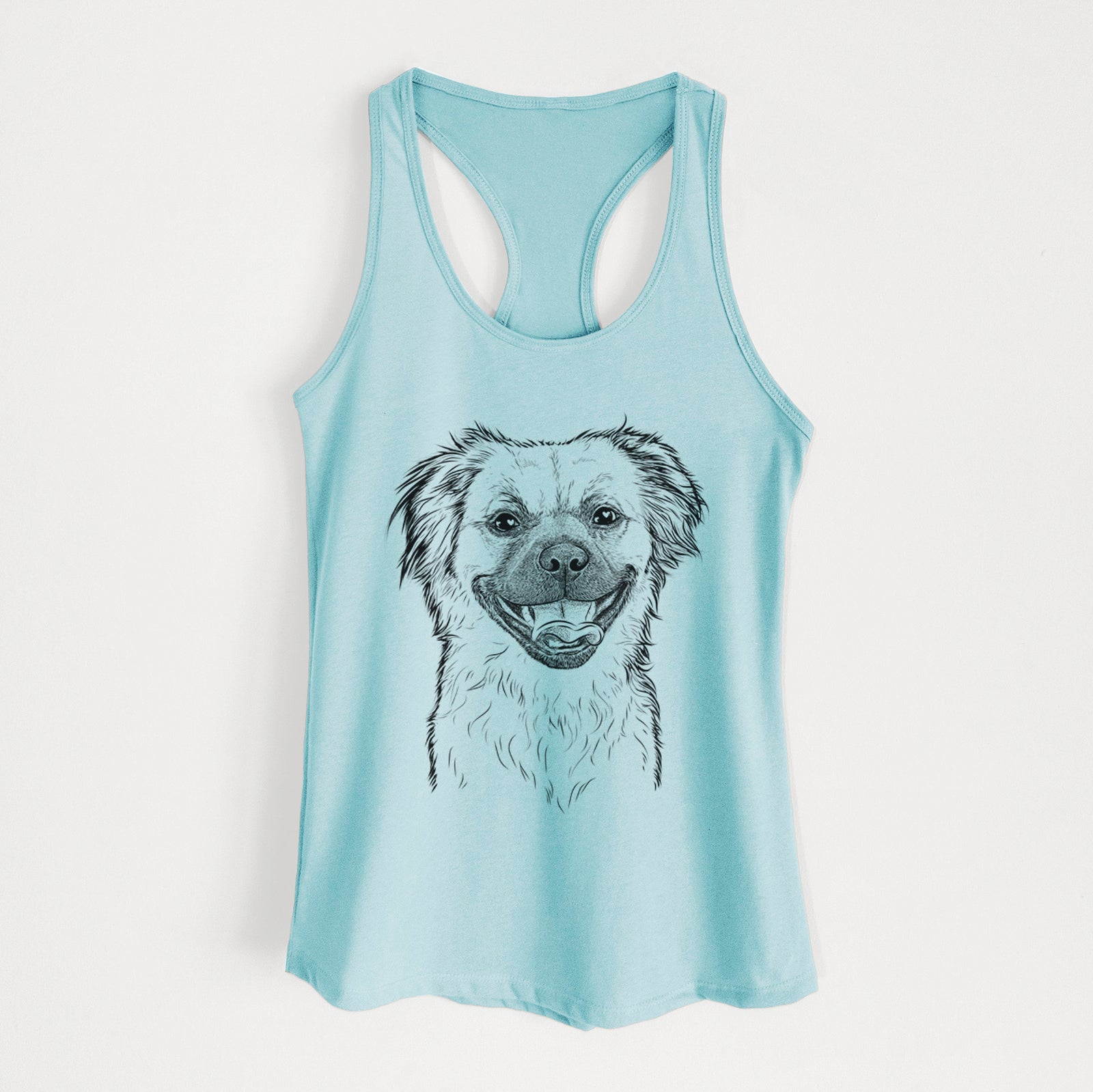 Hand-drawn sketch of Zuri the Spaniel Mix on a Cancun Blue Women's racerback tanktop