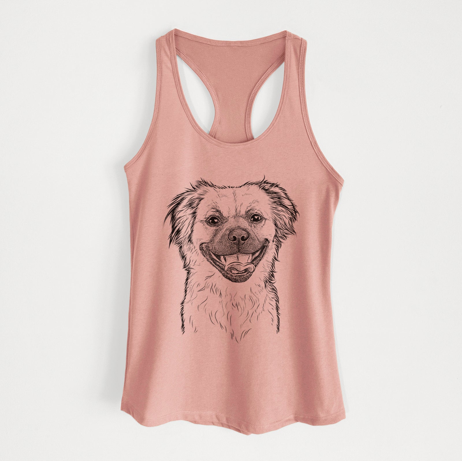 Hand-drawn sketch of Zuri the Spaniel Mix on a Desert Pink Women's racerback tanktop