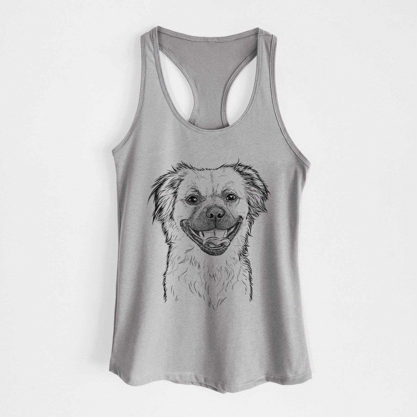 Hand-drawn sketch of Zuri the Spaniel Mix on a Heather Grey Women's racerback tanktop