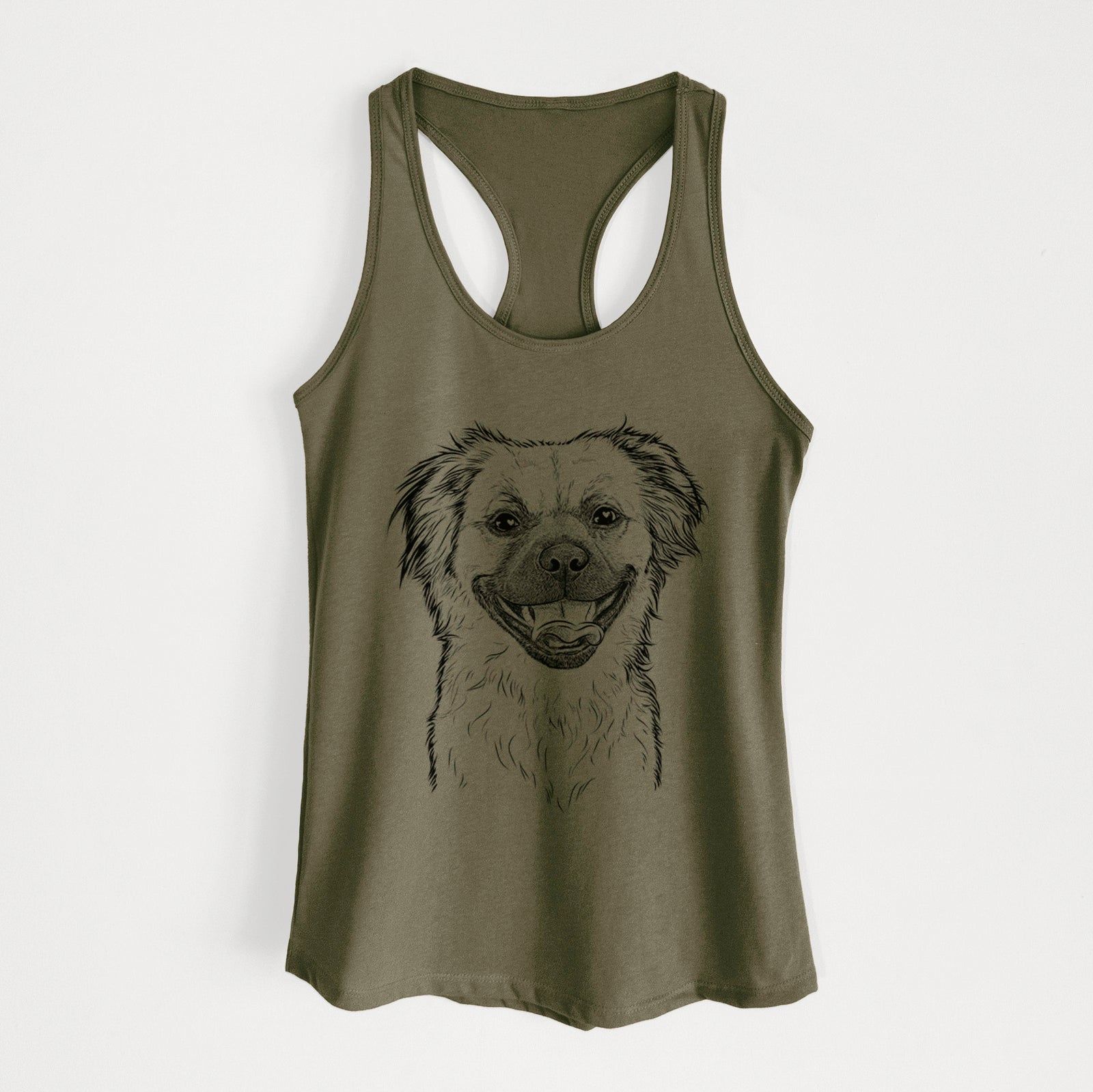 Hand-drawn sketch of Zuri the Spaniel Mix on a Military Green Women's racerback tanktop