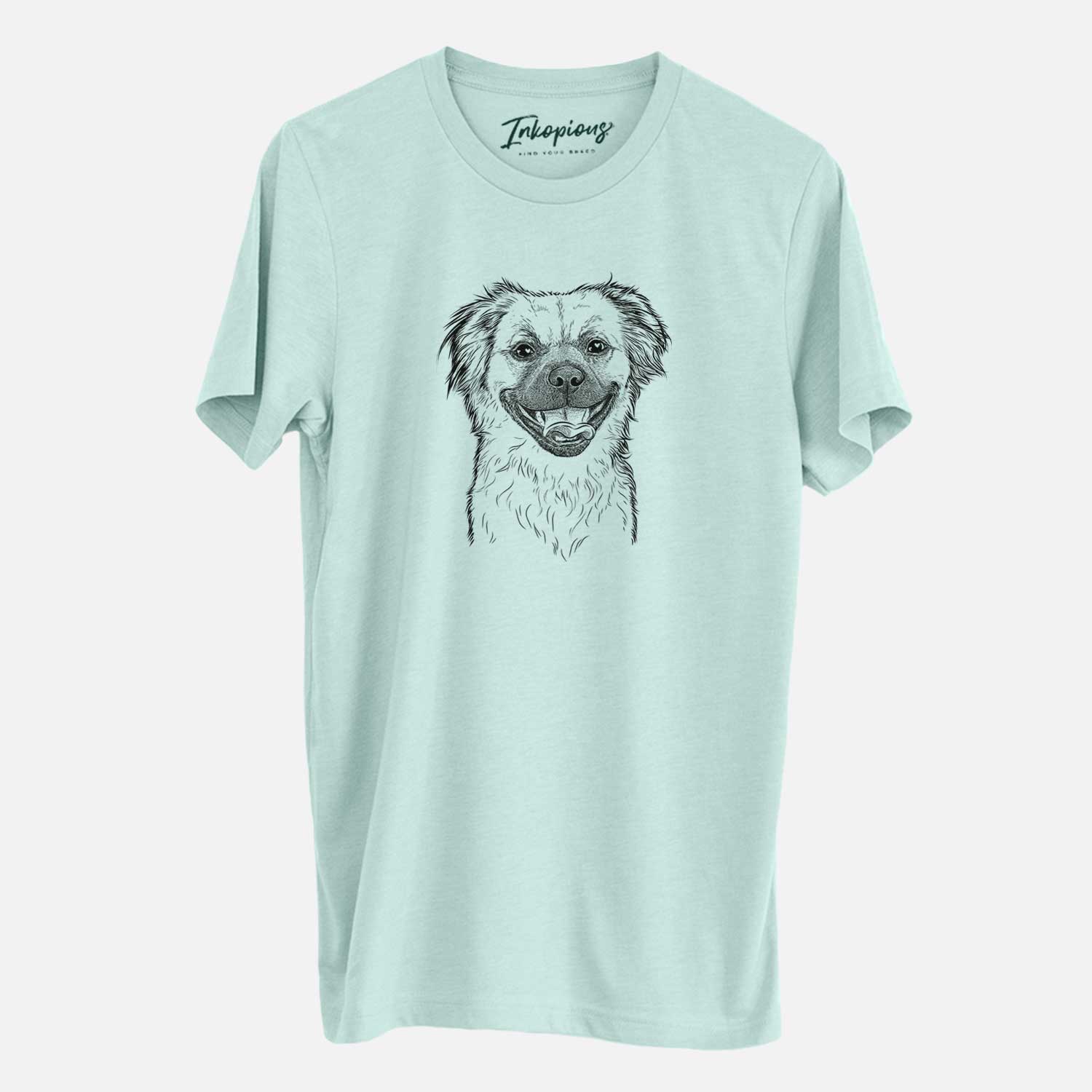 Hand-drawn sketch of Zuri the Spaniel Mix on a Heather Sage Unisex crewneck