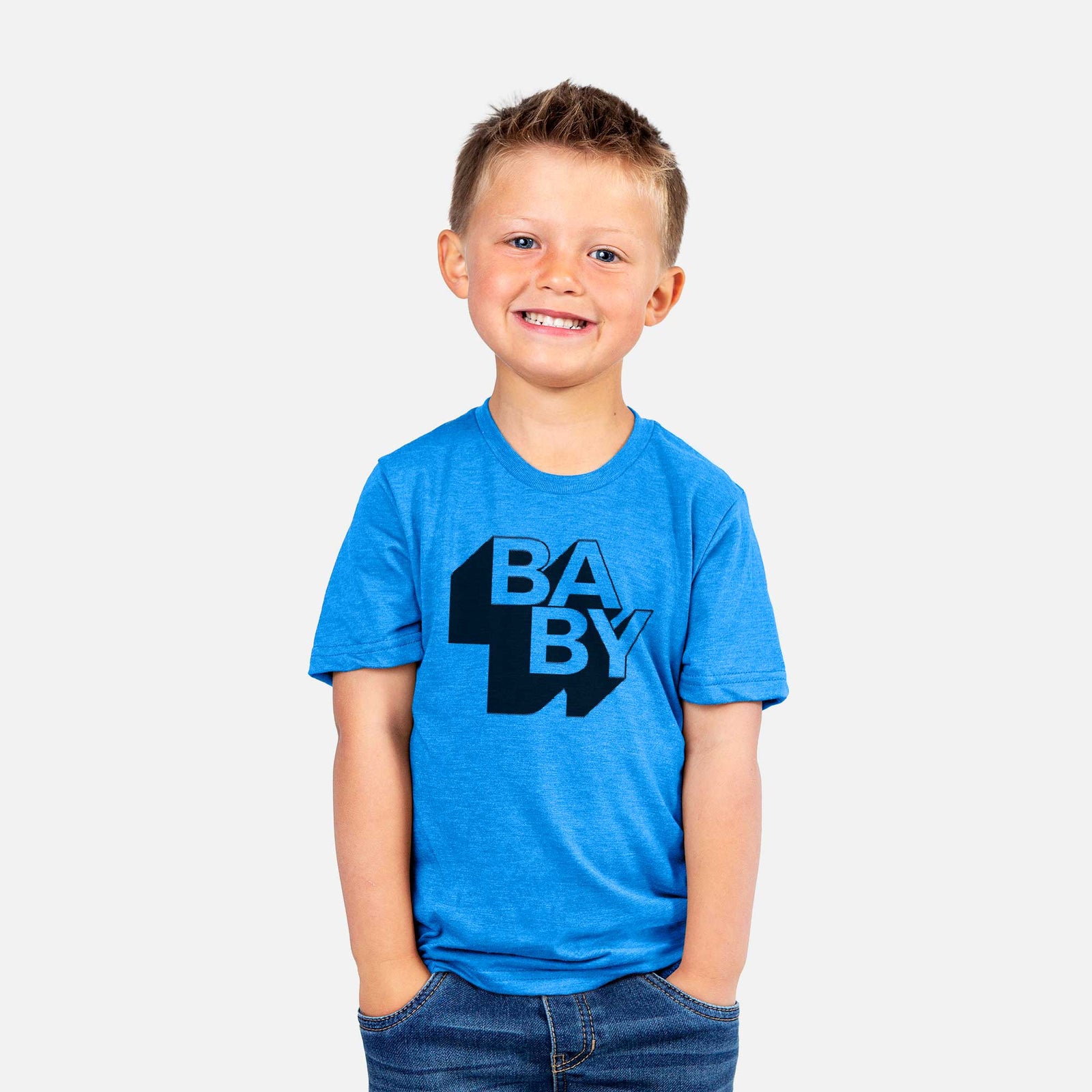 'Baby - Blockscape Collection' design on a kids' shirt, worn by a boy