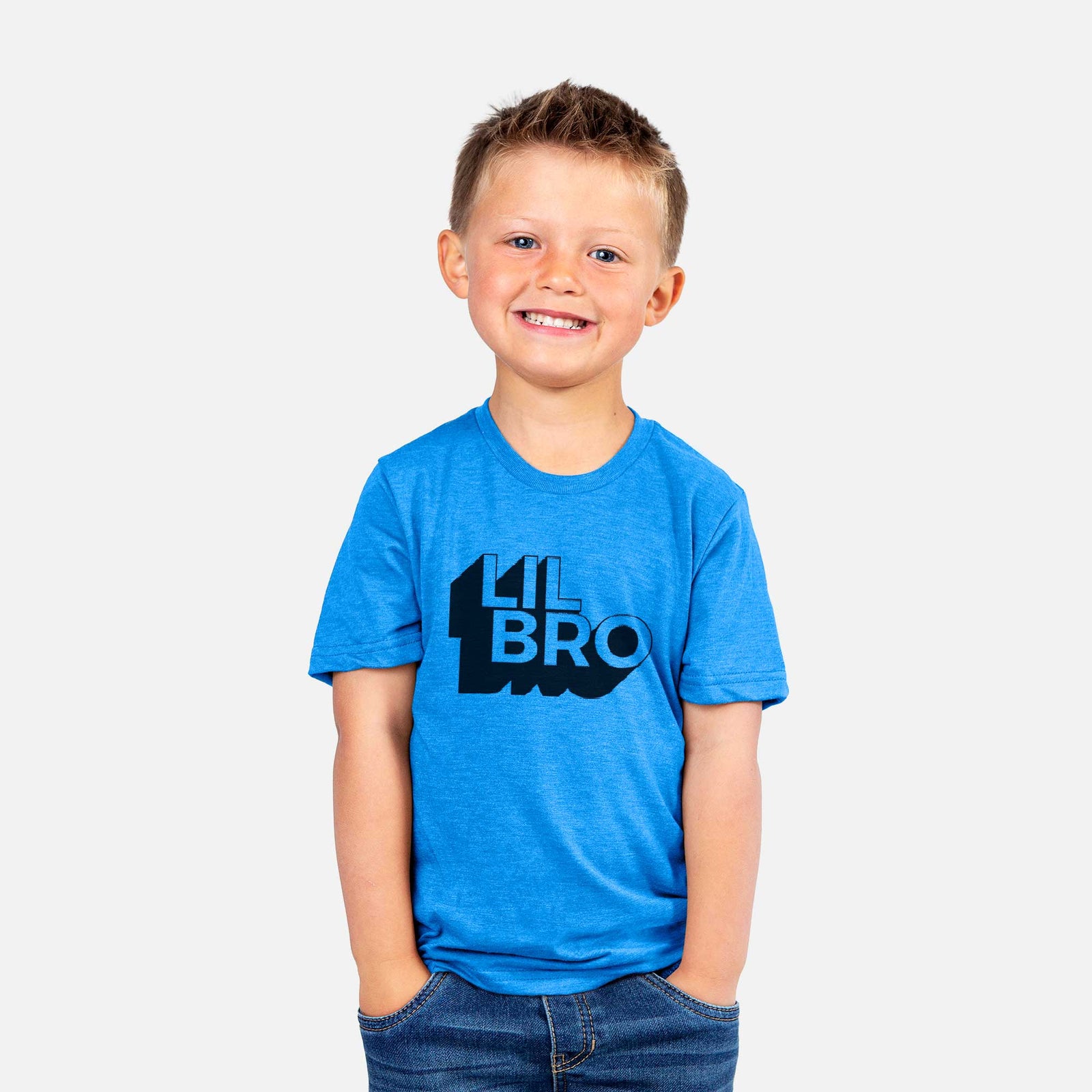 'Lil Bro - Blockscape Collection' design on a kids' shirt, worn by a boy