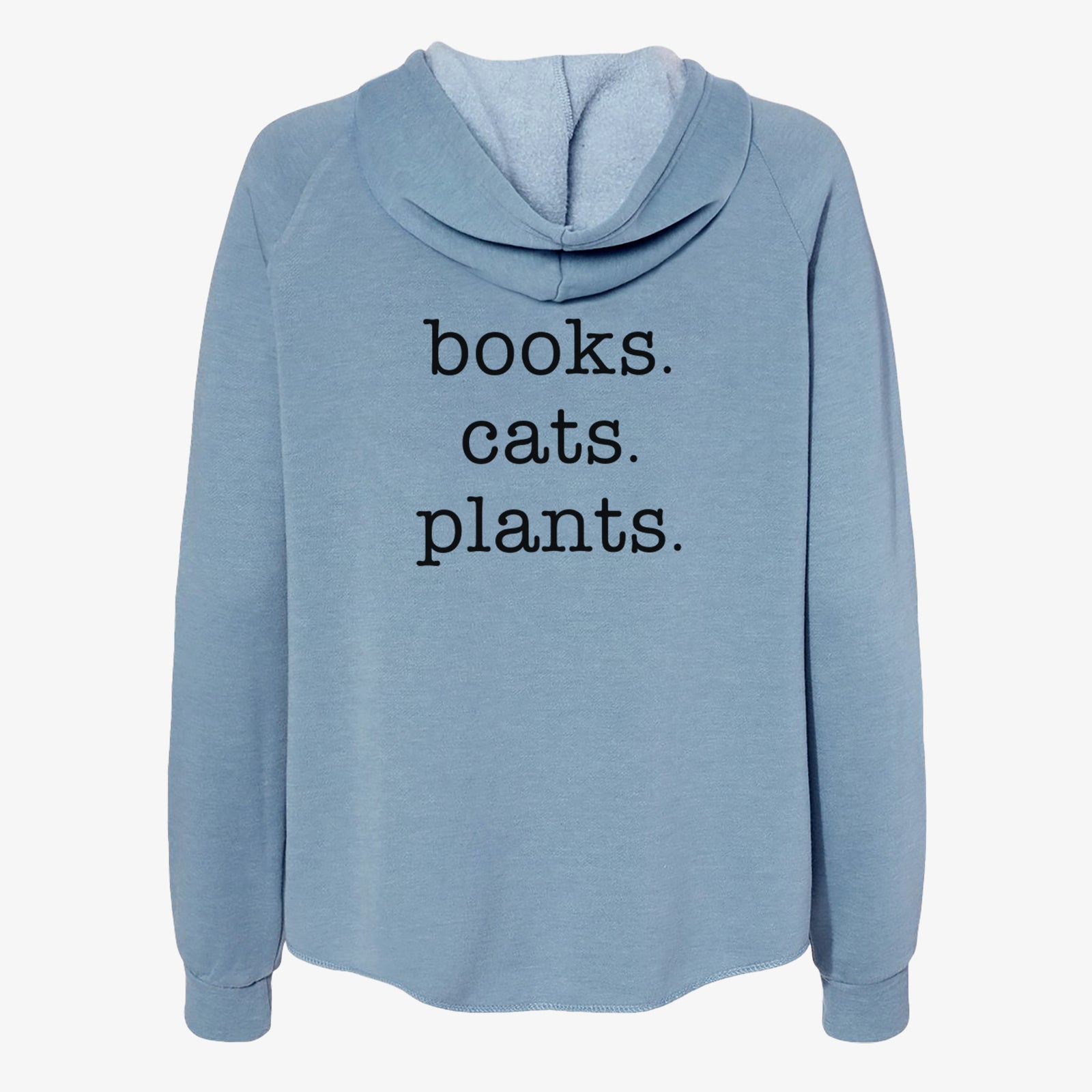 'books. cats. plants' design on a Misty Blue Women's cali wave zip-up sweatshirt