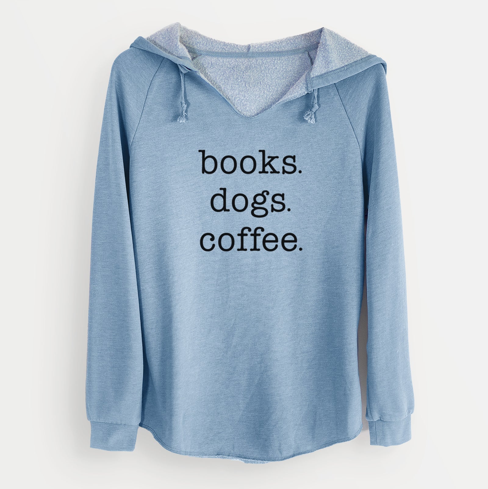 'books. dogs. coffee' design on a Misty Blue Cali Wave Hooded Sweatshirt