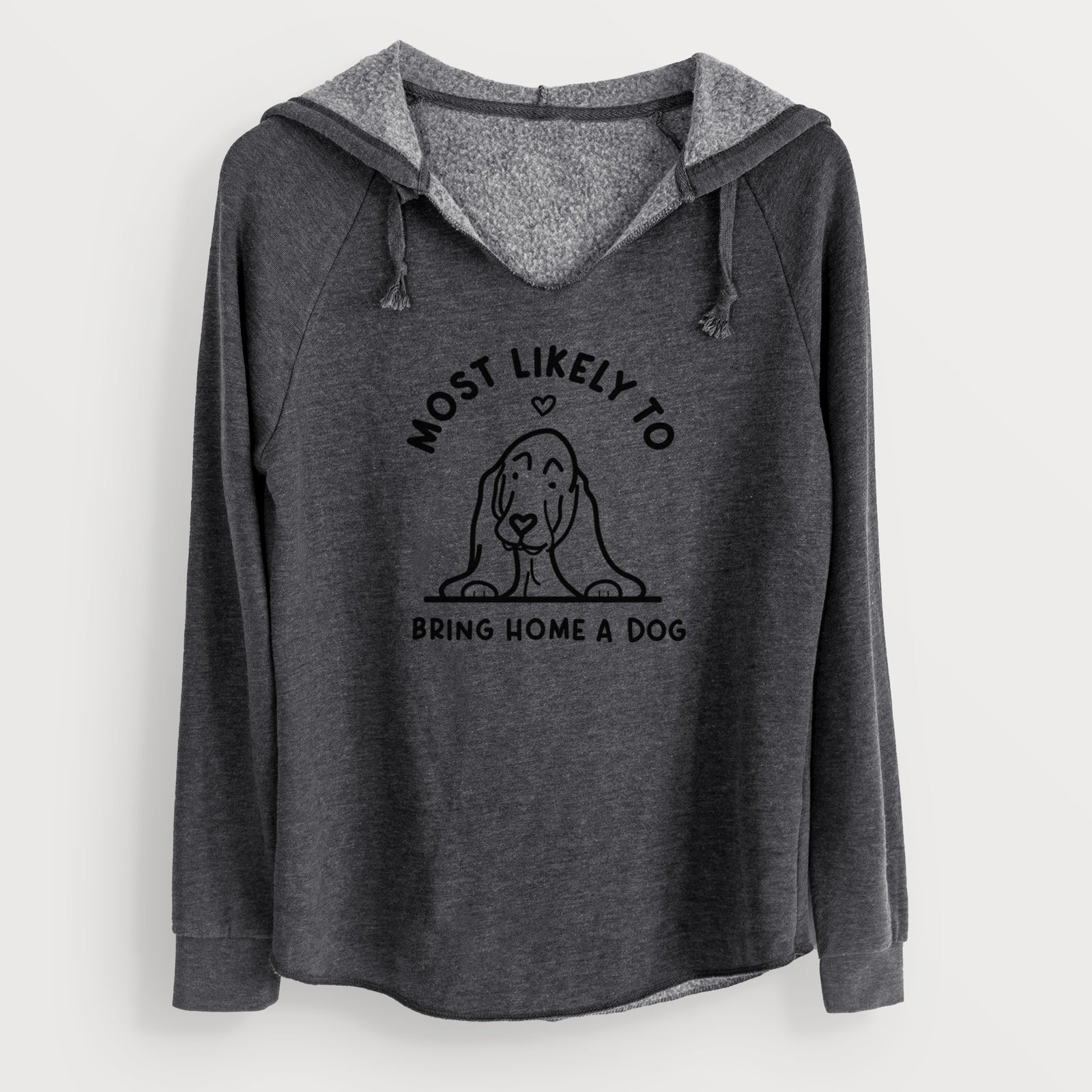 'Most Likely to Bring Home a Dog - Basset Hound' design on a Charcoal Cali Wave Hooded Sweatshirt