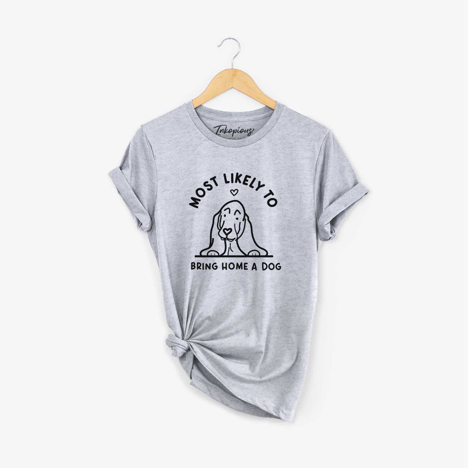 'Most Likely to Bring Home a Dog - Basset Hound' design on a Grey Unisex crewneck