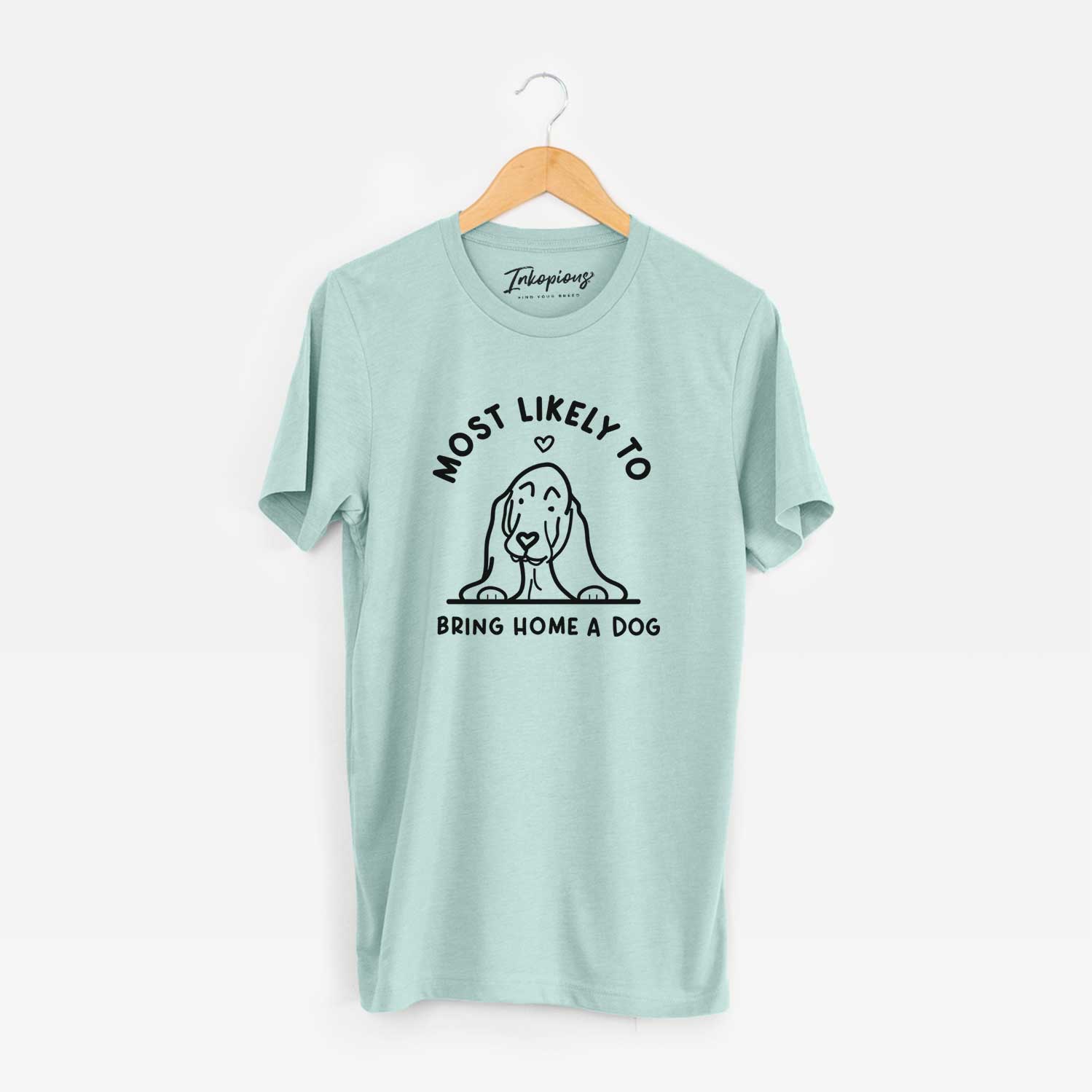 'Most Likely to Bring Home a Dog - Basset Hound' design on a Heather Sage Unisex crewneck