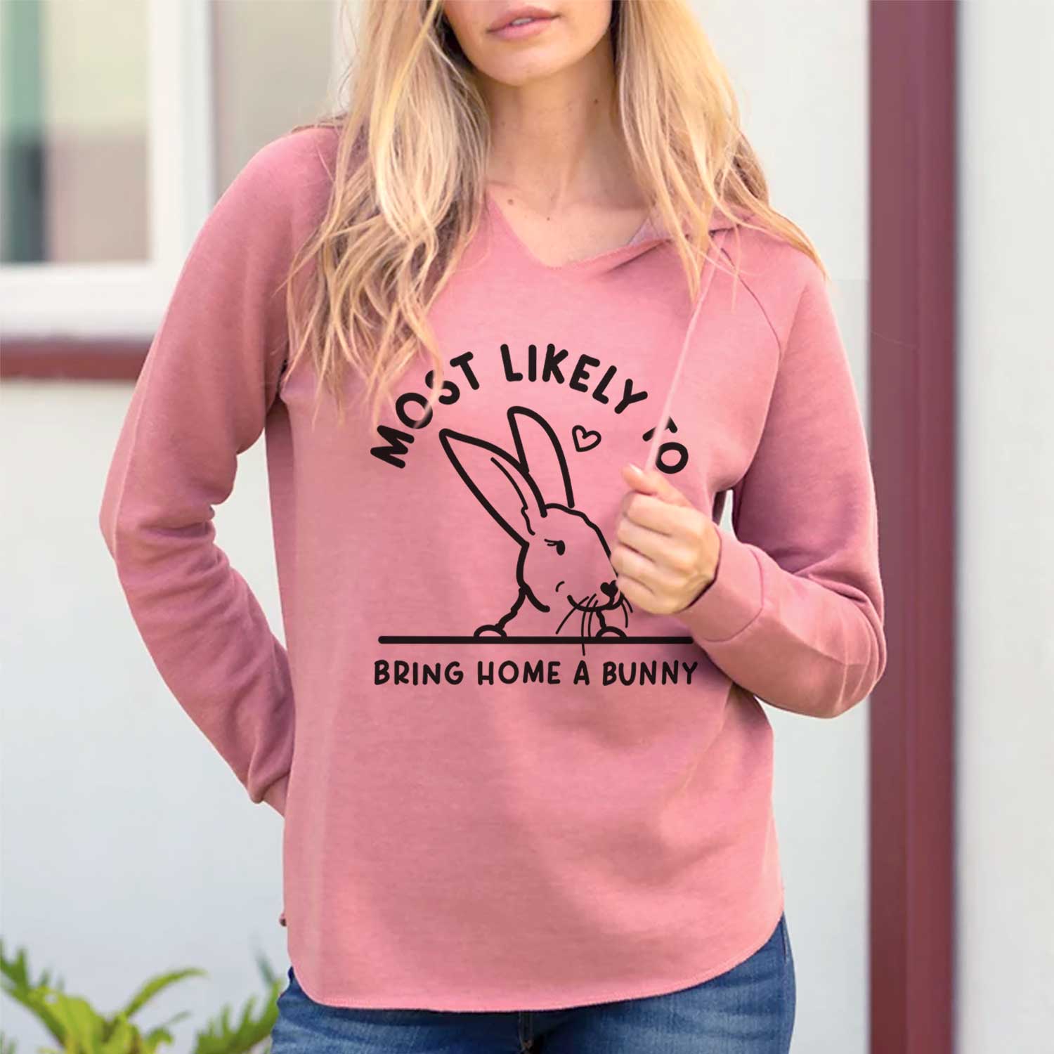 'Most Likely to Bring Home a Bunny' design on a Dusty Rose Cali Wave Hooded Sweatshirt, lifestyle photo