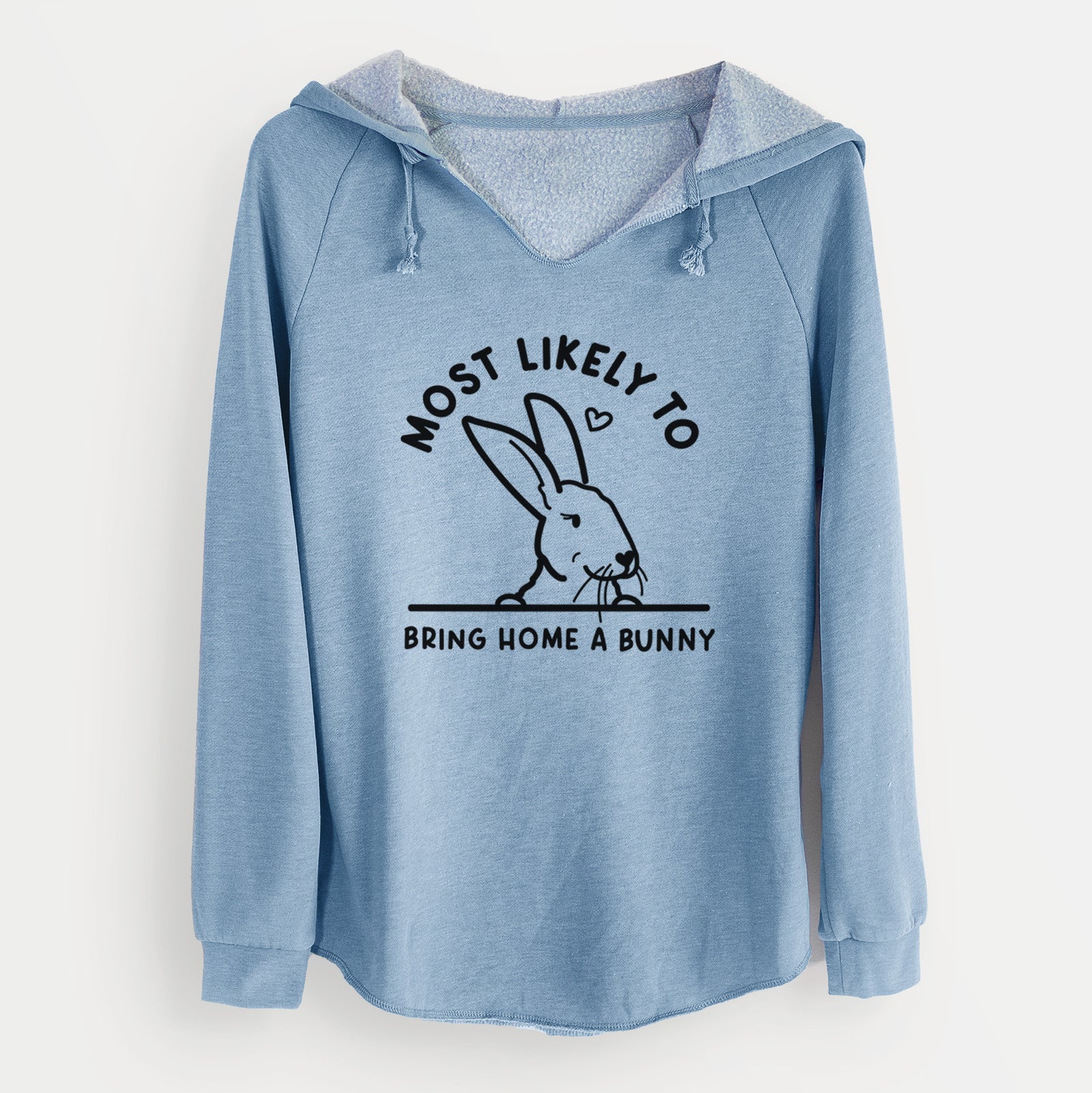 'Most Likely to Bring Home a Bunny' design on a Misty Blue Cali Wave Hooded Sweatshirt