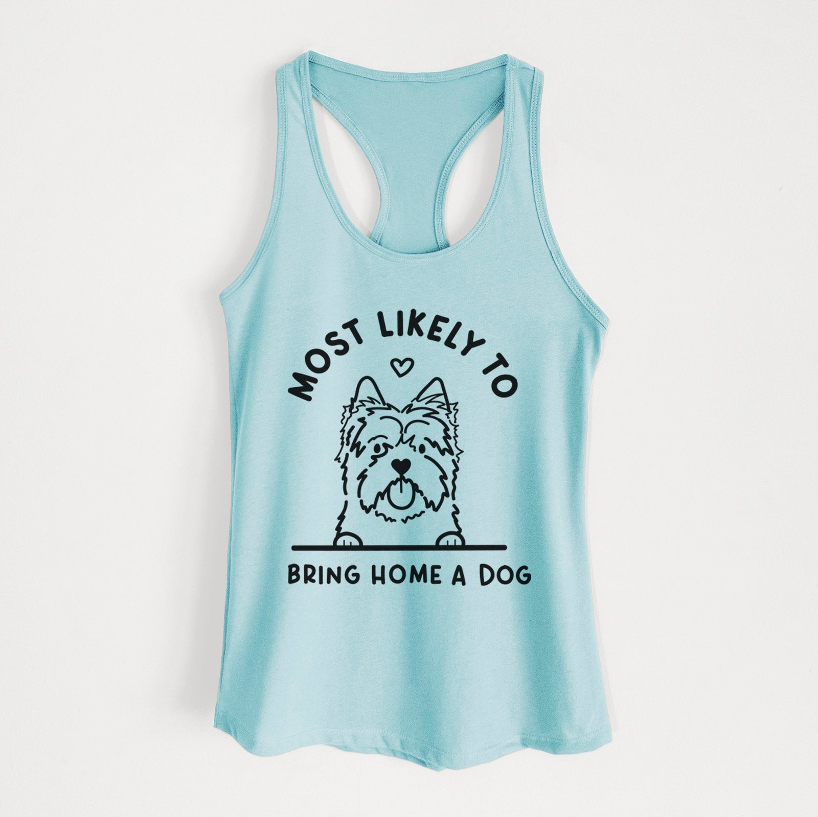 'Most Likely to Bring Home a Dog - Cairn Terrier' design on a Cancun Blue Women's racerback tanktop