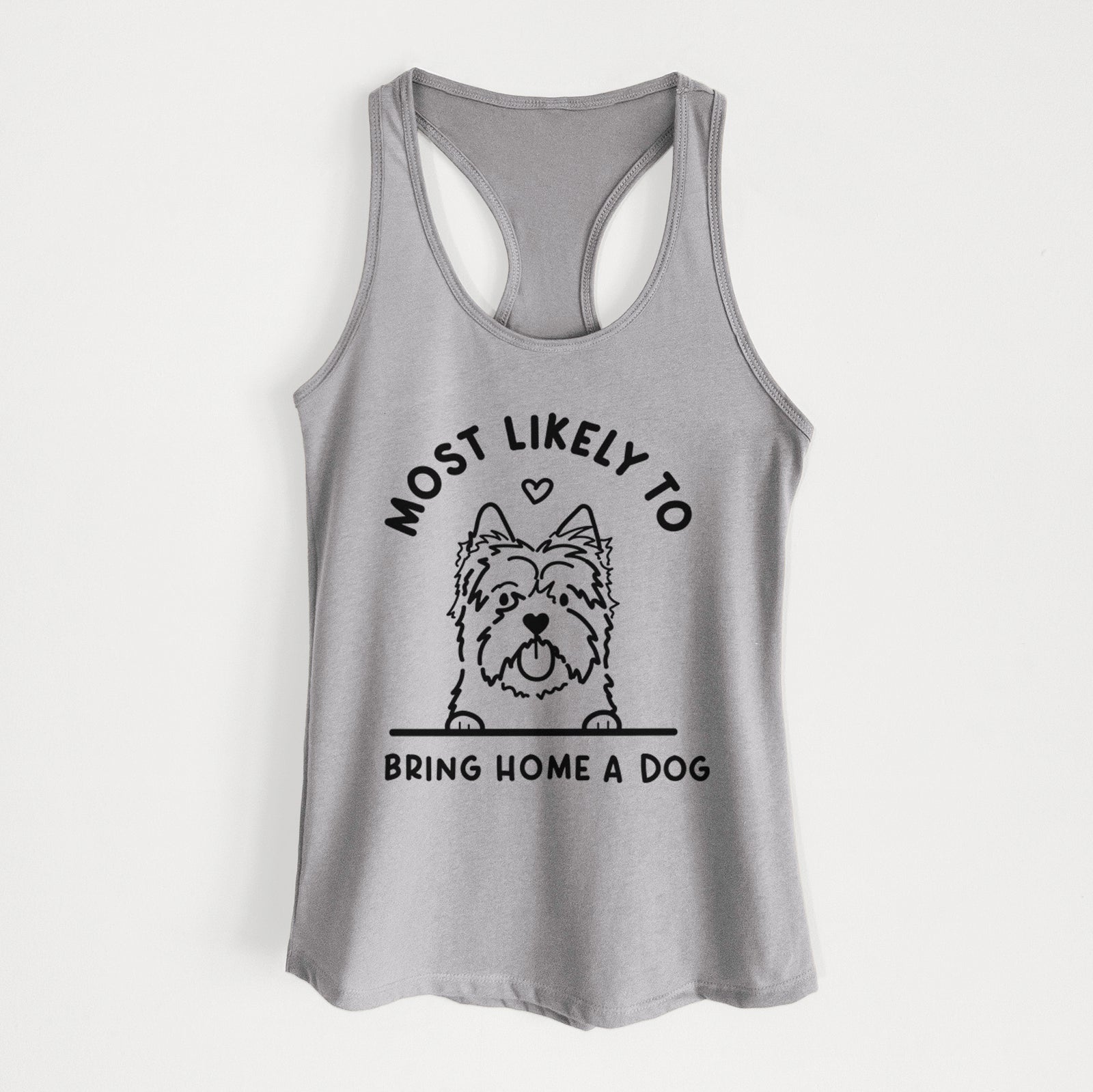 'Most Likely to Bring Home a Dog - Cairn Terrier' design on a Heather Grey Women's racerback tanktop