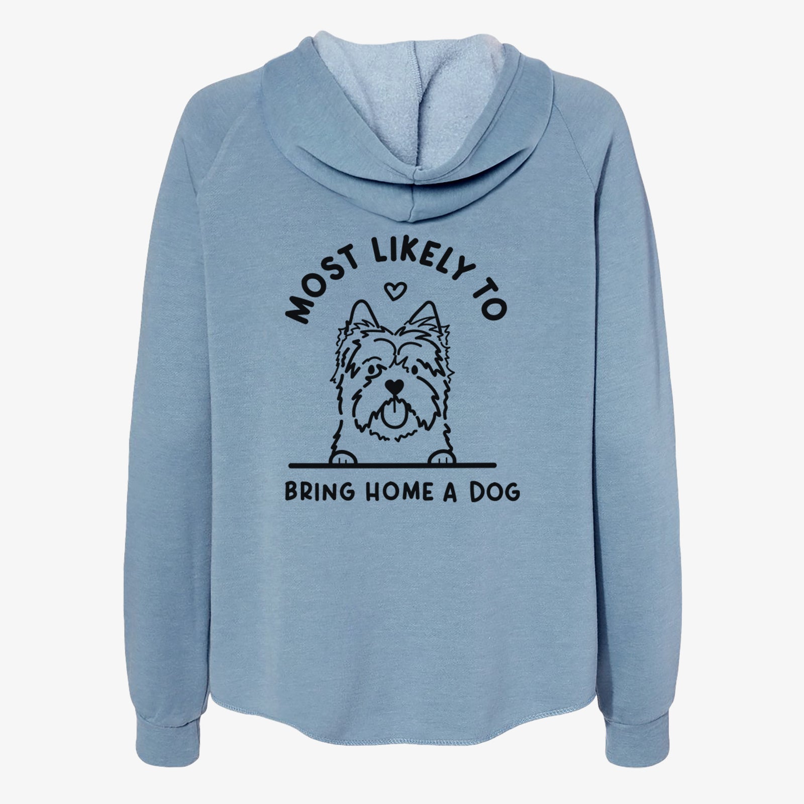 'Most Likely to Bring Home a Dog - Cairn Terrier' design on a Misty Blue Women's cali wave zip-up sweatshirt