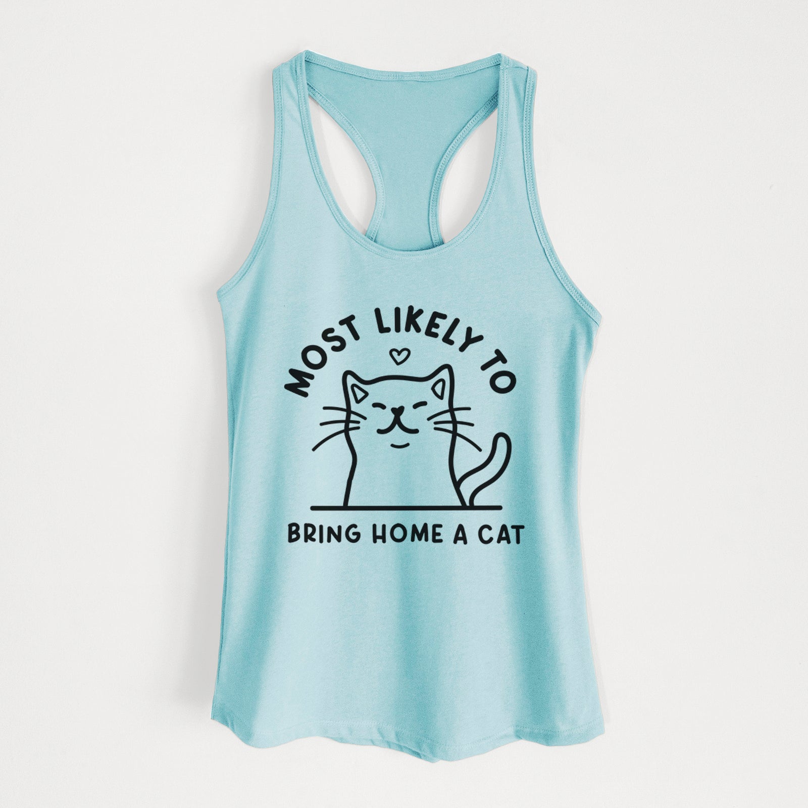 'Most Likely to Bring Home a Cat' design on a Cancun Blue Women's racerback tanktop