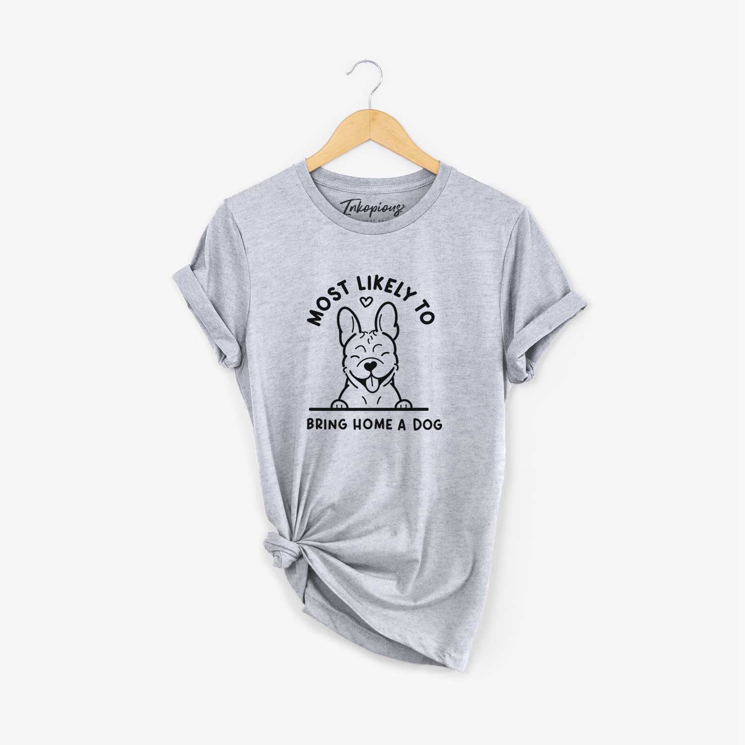 'Most Likely to Bring Home a Dog - French Bulldog' design on a Grey Unisex crewneck