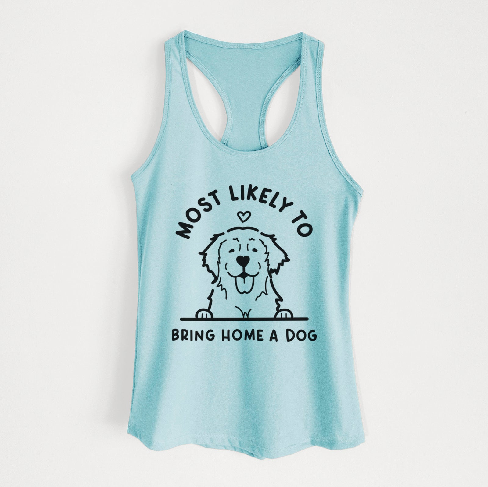 'Most Likely to Bring Home a Dog - Golden Retriever' design on a Cancun Blue Women's racerback tanktop