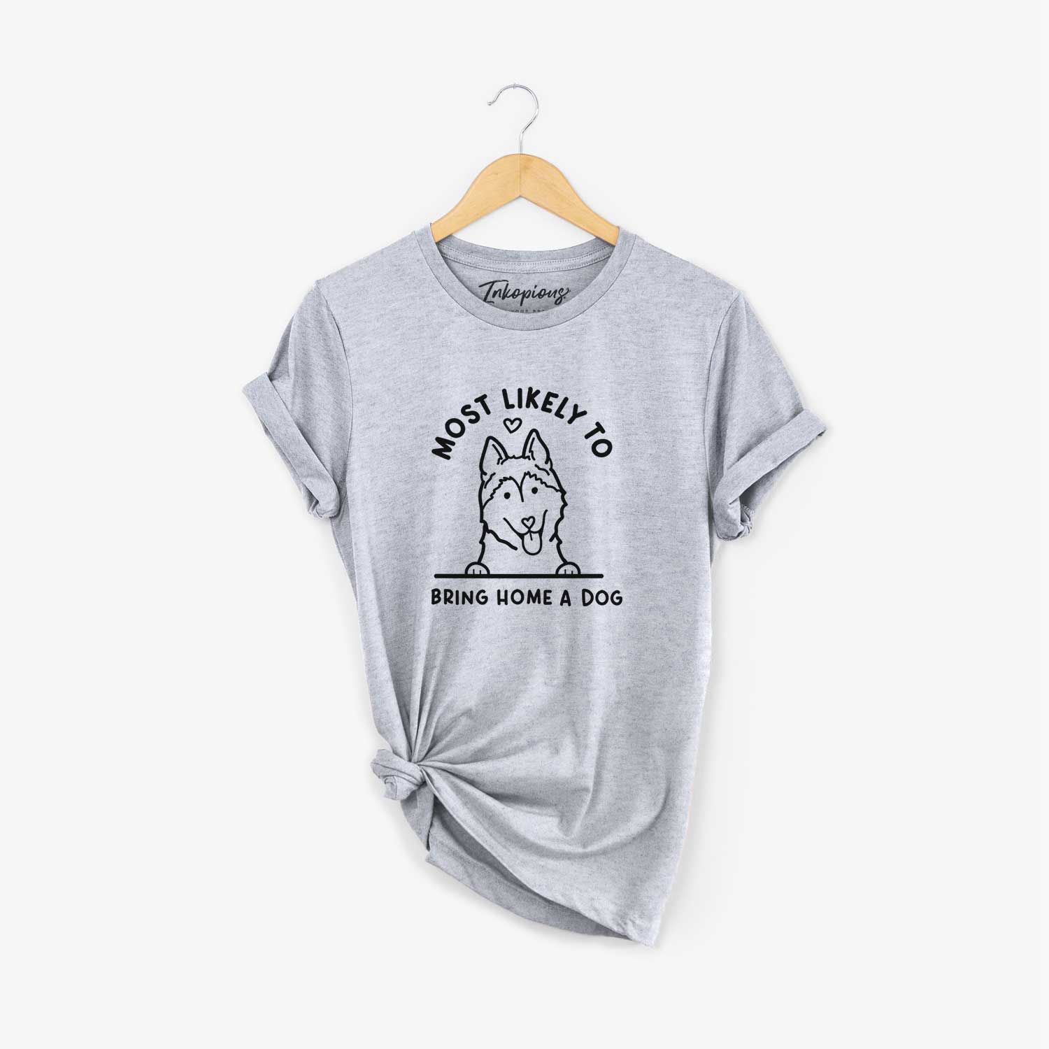 'Most Likely to Bring Home a Dog - Siberian Husky' design on a Grey Unisex crewneck
