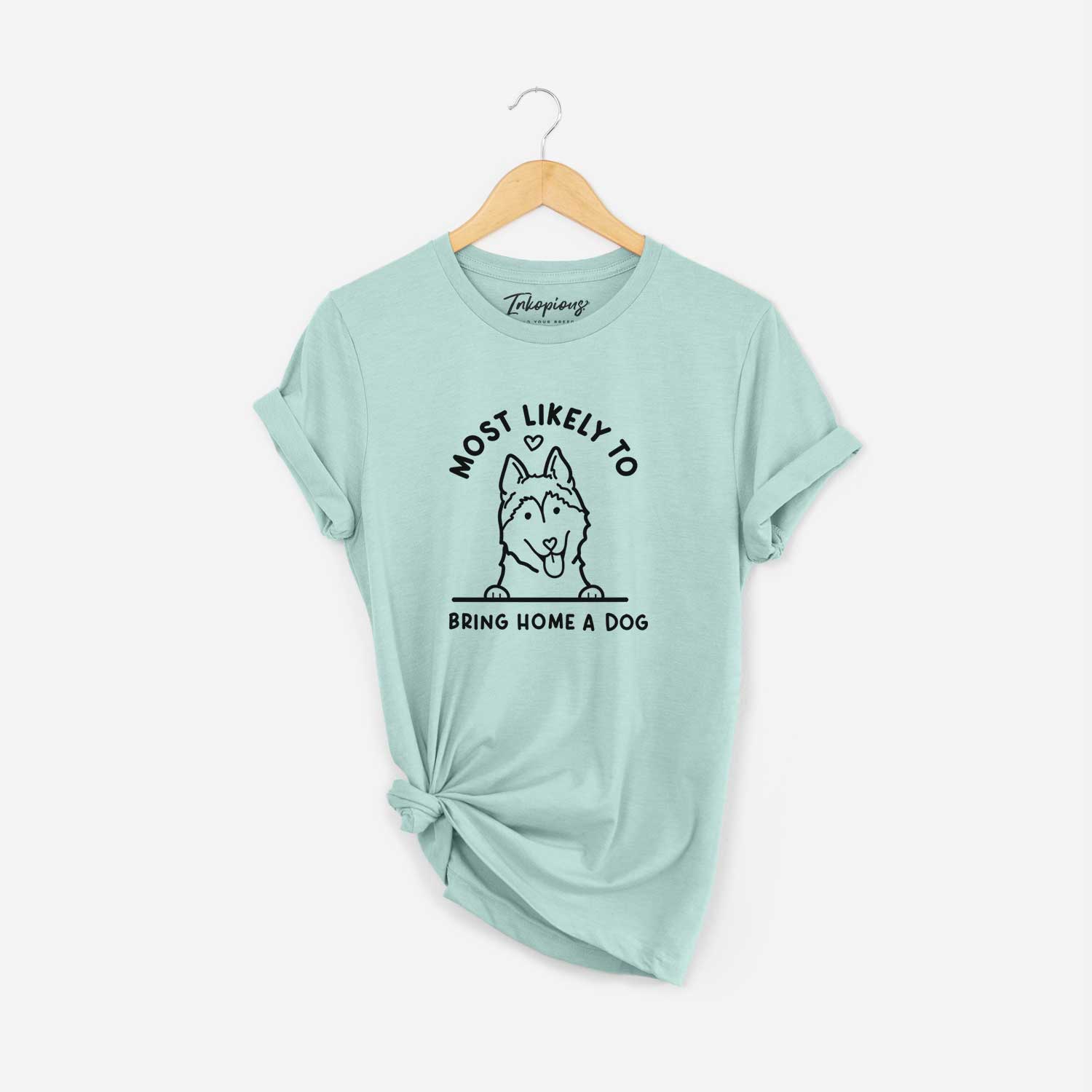 'Most Likely to Bring Home a Dog - Siberian Husky' design on a Heather Sage Unisex crewneck
