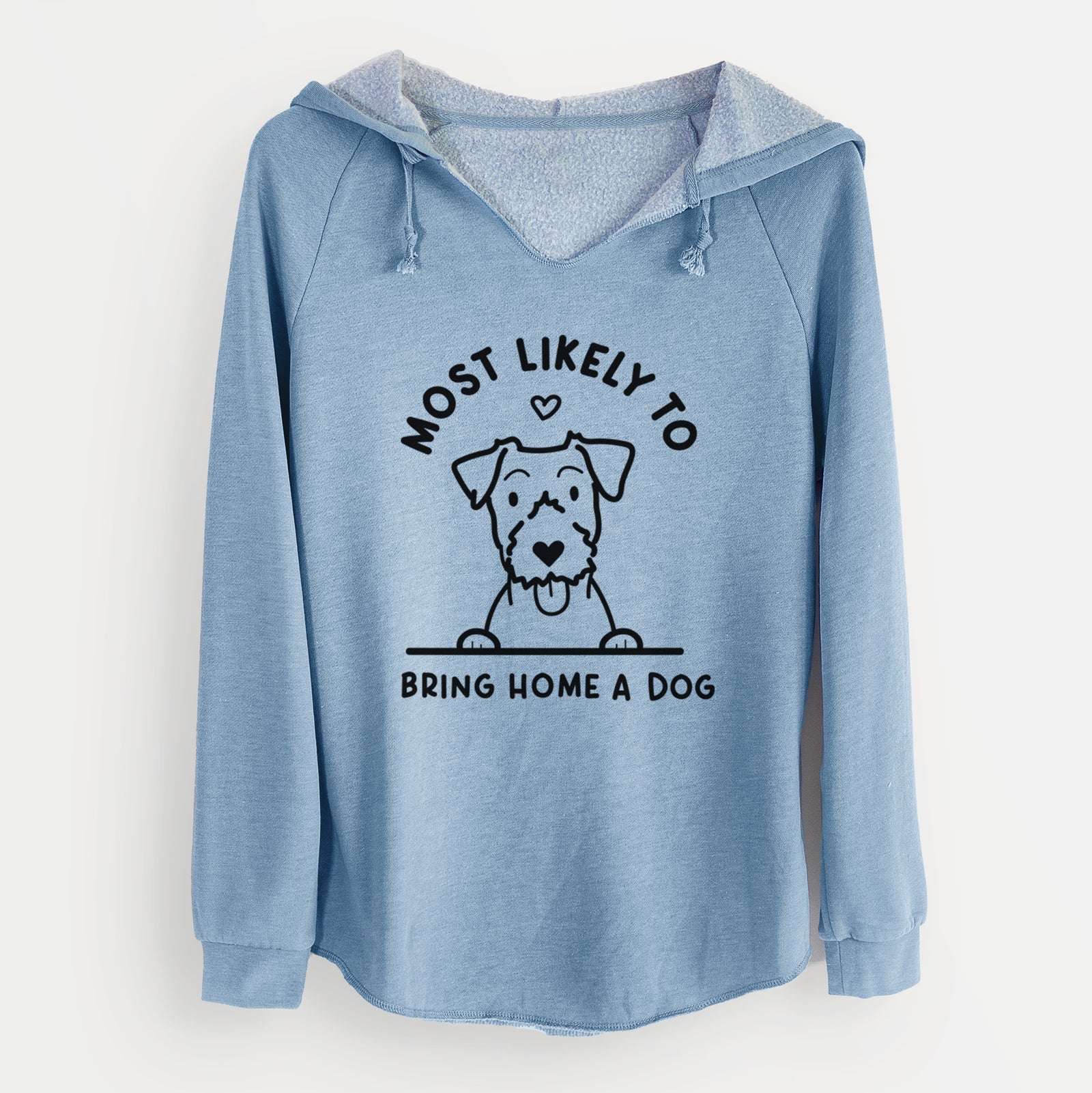 'Most Likely to Bring Home a Dog - Jack Russell' design on a Misty Blue Cali Wave Hooded Sweatshirt