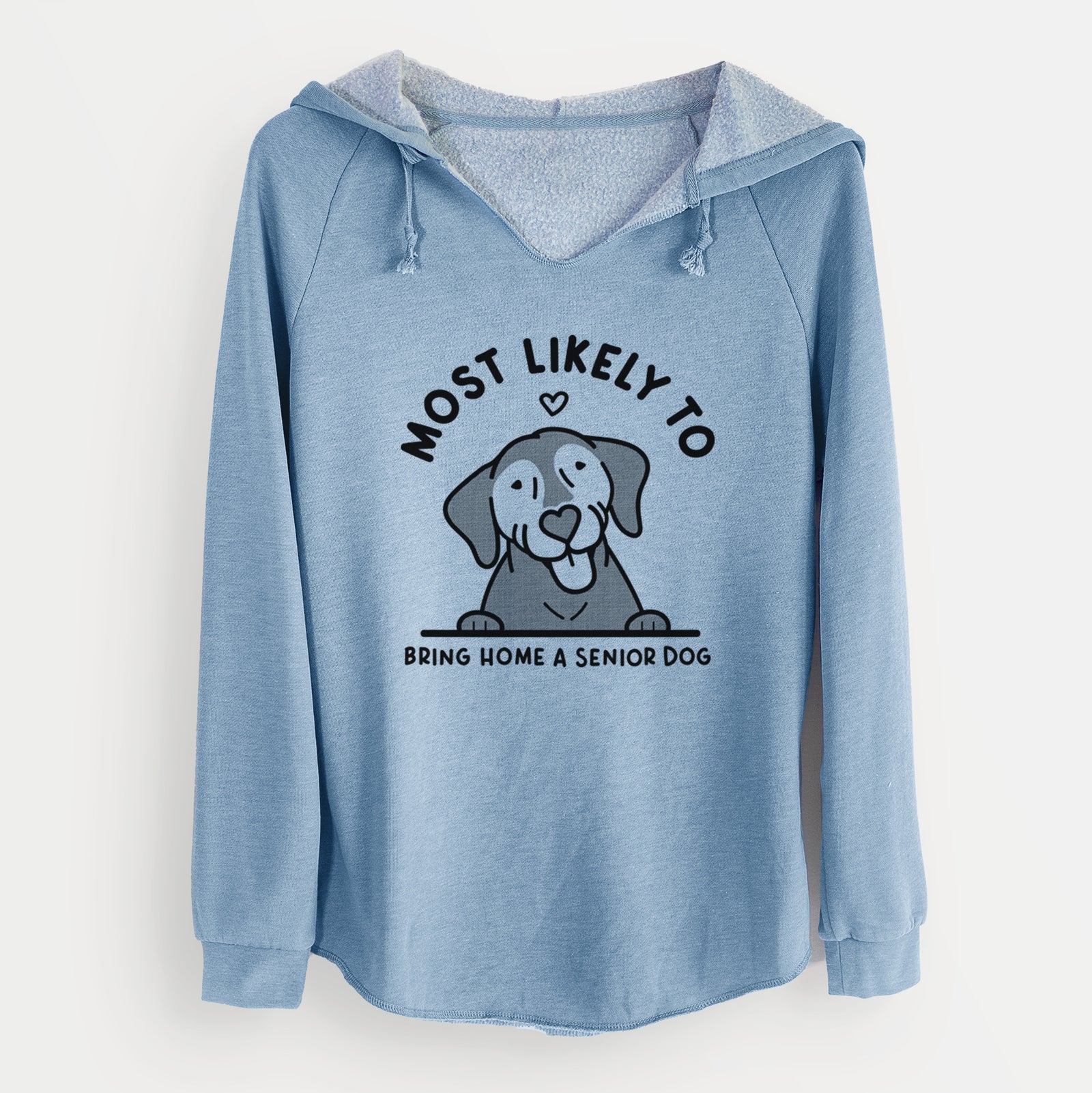 'Most Likely to Bring Home a Senior Dog' design on a Misty Blue Cali Wave Hooded Sweatshirt