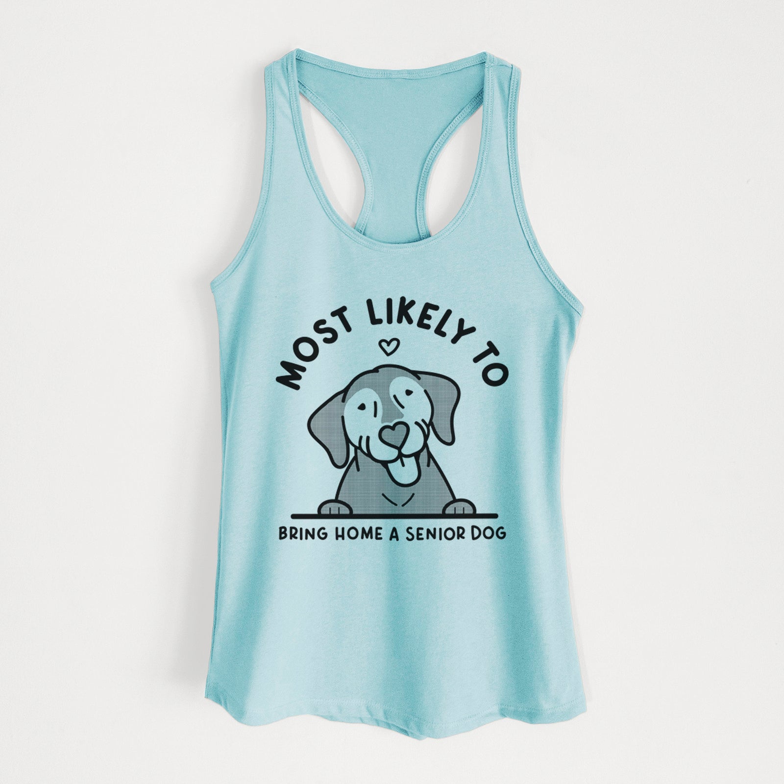 'Most Likely to Bring Home a Senior Dog' design on a Cancun Blue Women's racerback tanktop