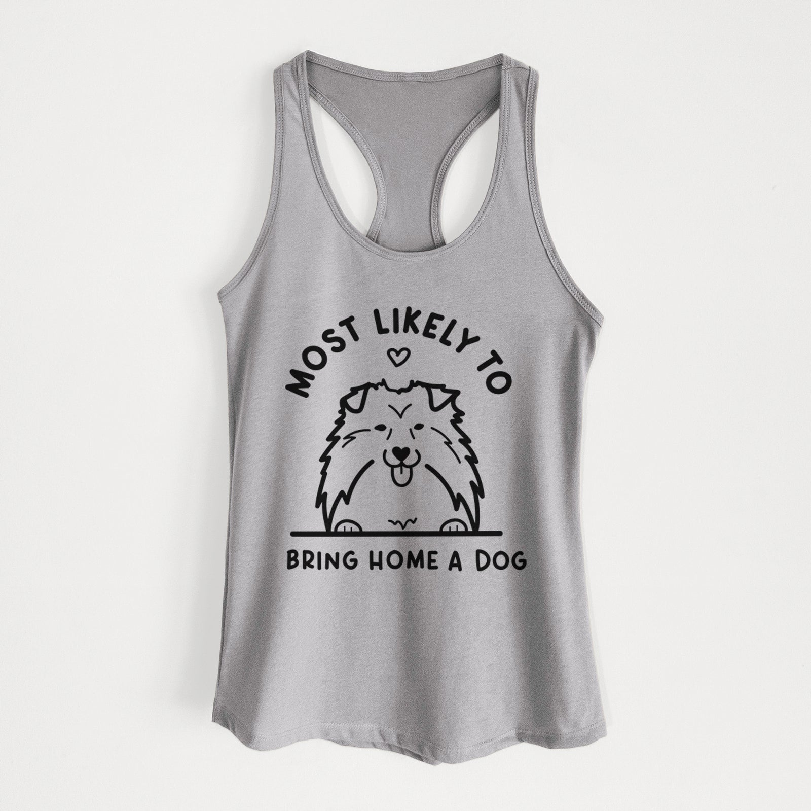 'Most Likely to Bring Home a Dog - Shetland Sheepdog' design on a Heather Grey Women's racerback tanktop