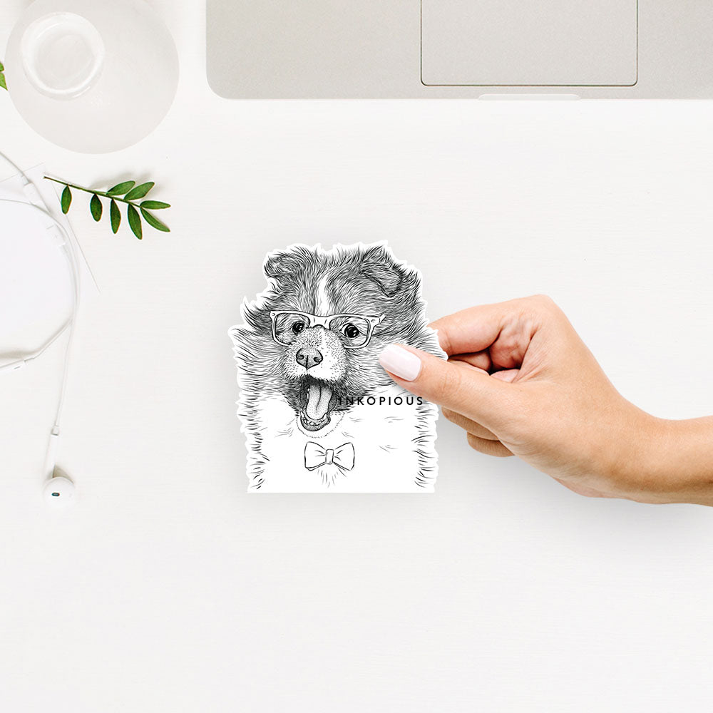 Hand-drawn sketch of Dylan the Shetland Sheepdog on a decal sticker