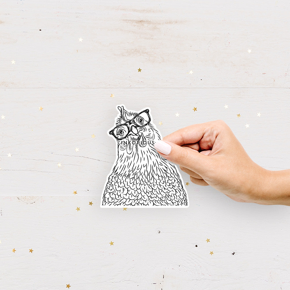 Hand-drawn sketch of Henrietta the Chicken on a decal sticker