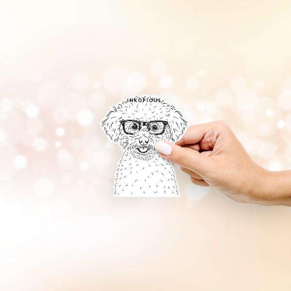 Hand-drawn sketch of Mickey the Bichon Frise on a decal sticker