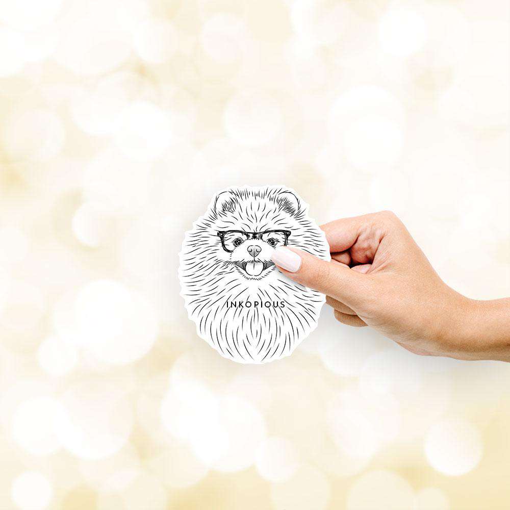 Hand-drawn sketch of Pirro the Pomeranian on a decal sticker