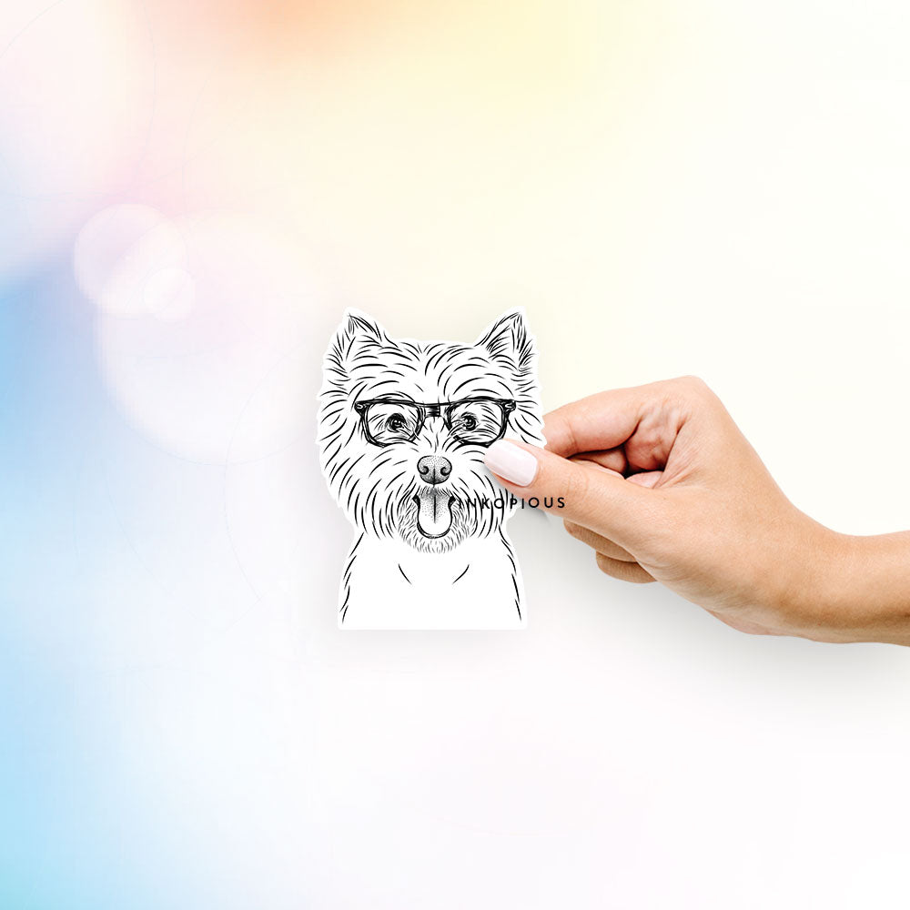 Hand-drawn sketch of Welma the West Highland Terrier on a decal sticker