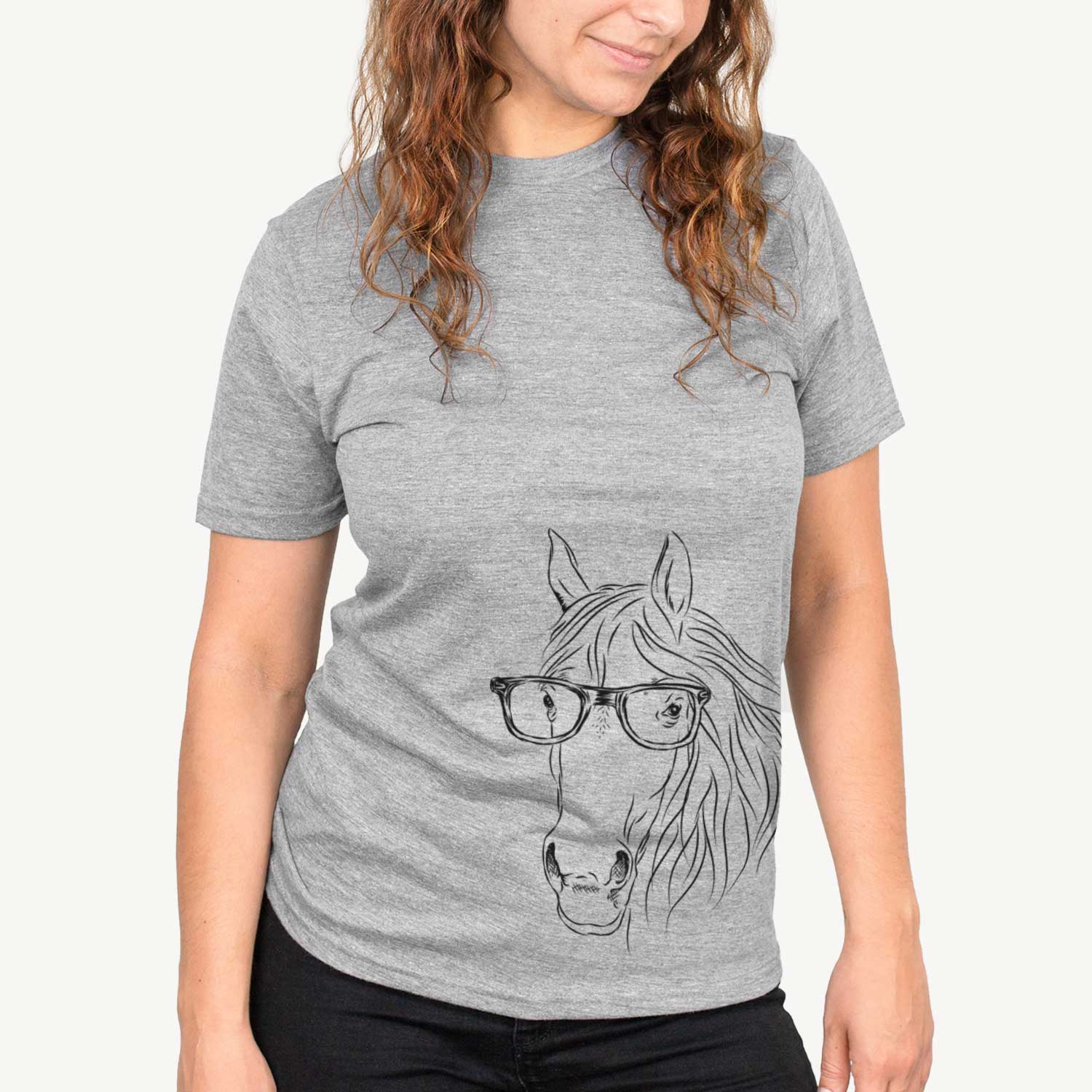 Hand-drawn sketch of Aria the Horse on a Grey Unisex crewneck