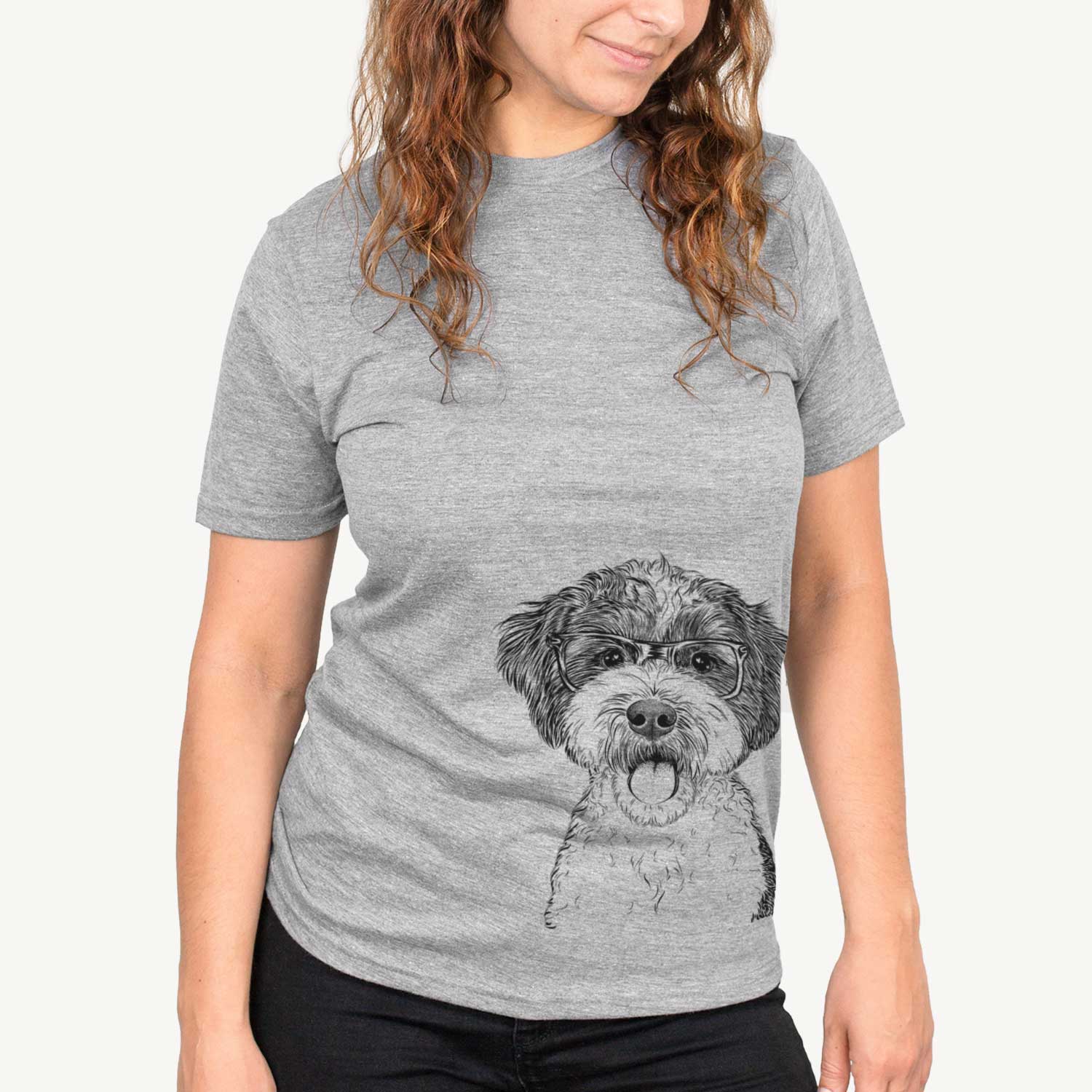 Hand-drawn sketch of Bella the Cockapoo on a Grey Unisex crewneck