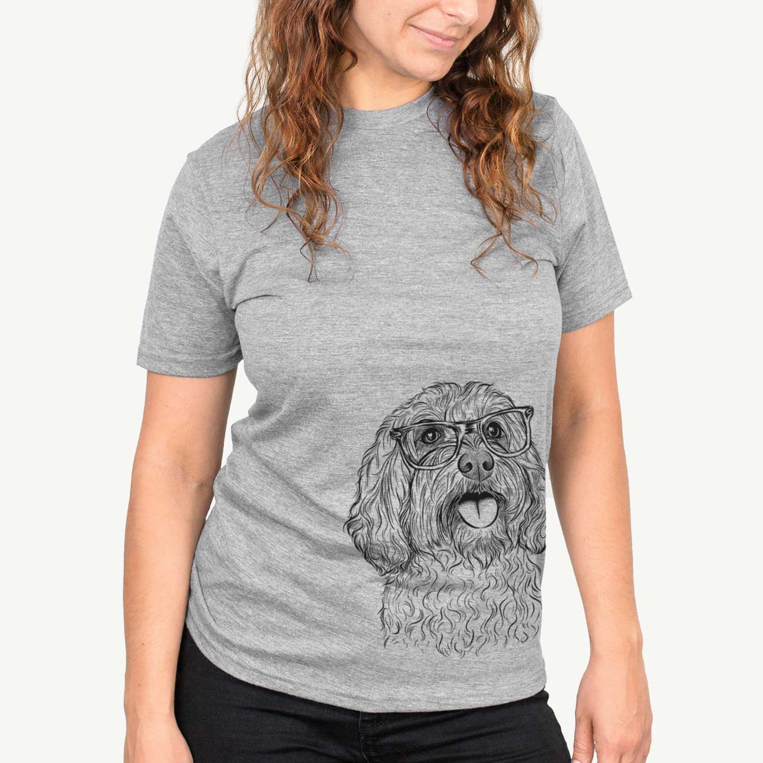 Hand-drawn sketch of Cali the Cavapoo on a Grey Unisex crewneck