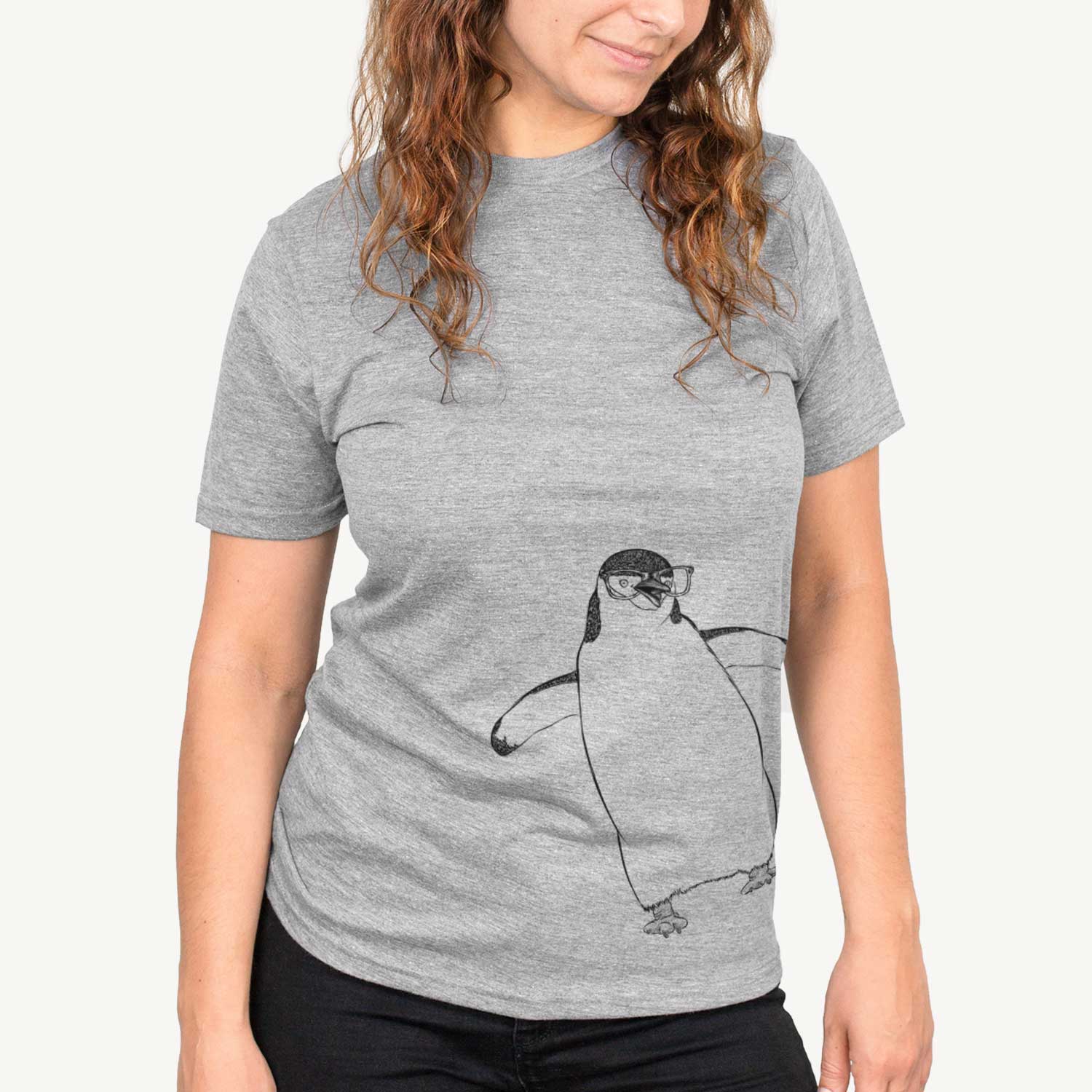Hand-drawn sketch of Chive the Chinstrap Penguin on a Grey Unisex crewneck