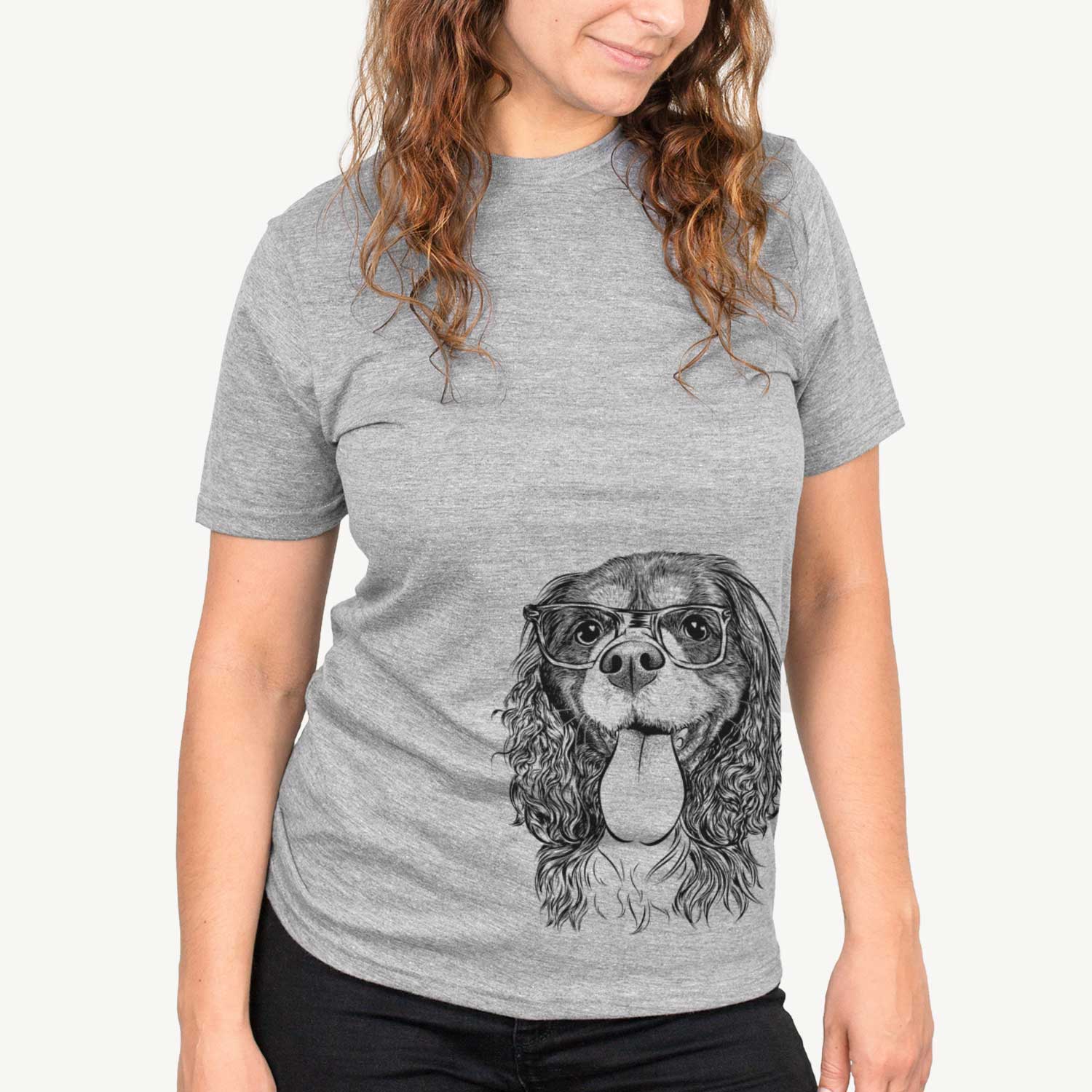 Hand-drawn sketch of Elizabeth the Cavalier King Charles Spaniel on a Grey Unisex crewneck