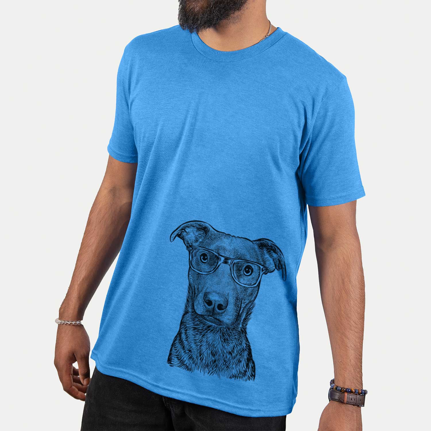 Hand-drawn sketch of Embyr the Mixed Breed on a Blue Unisex crewneck