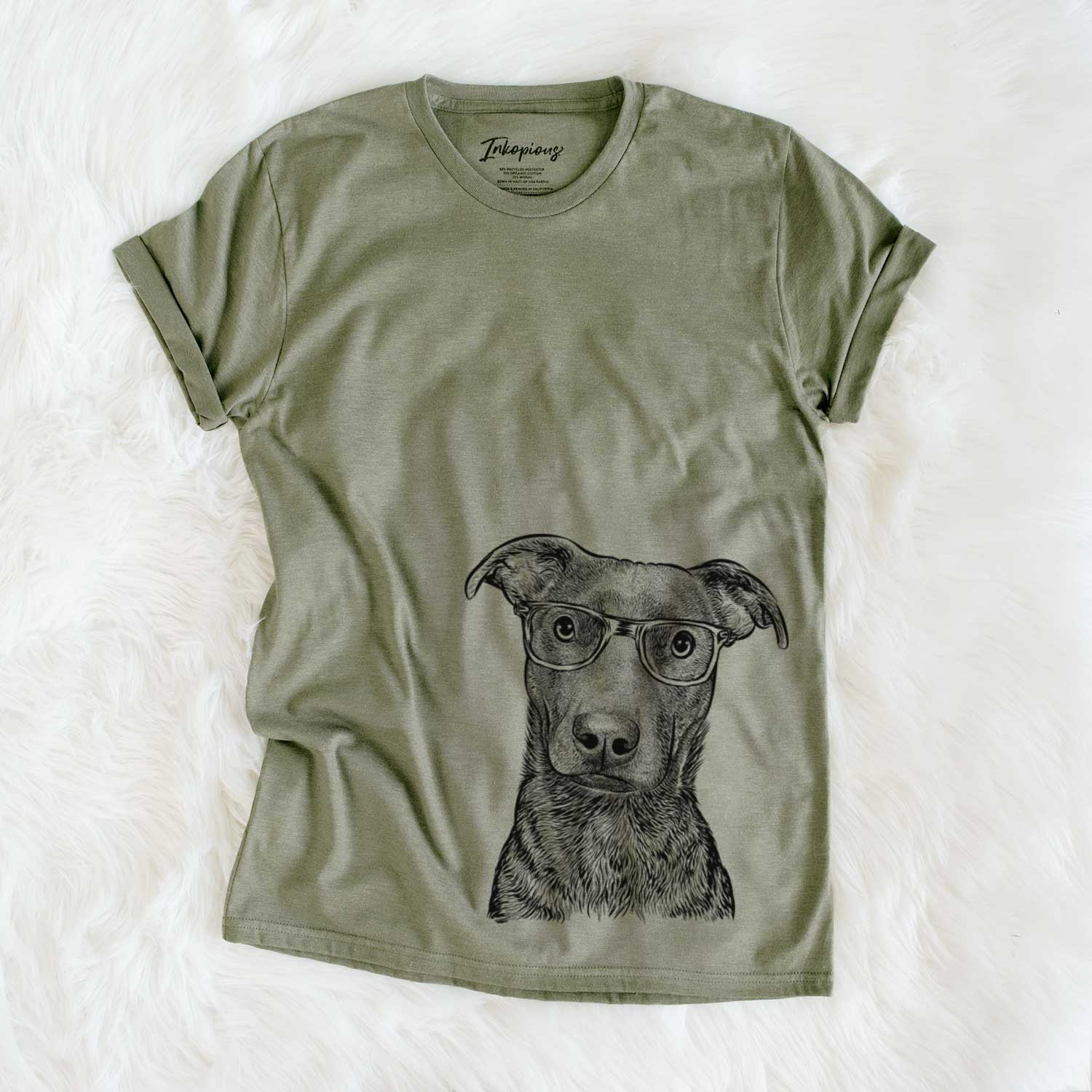 Hand-drawn sketch of Embyr the Mixed Breed on an Olive Unisex crewneck