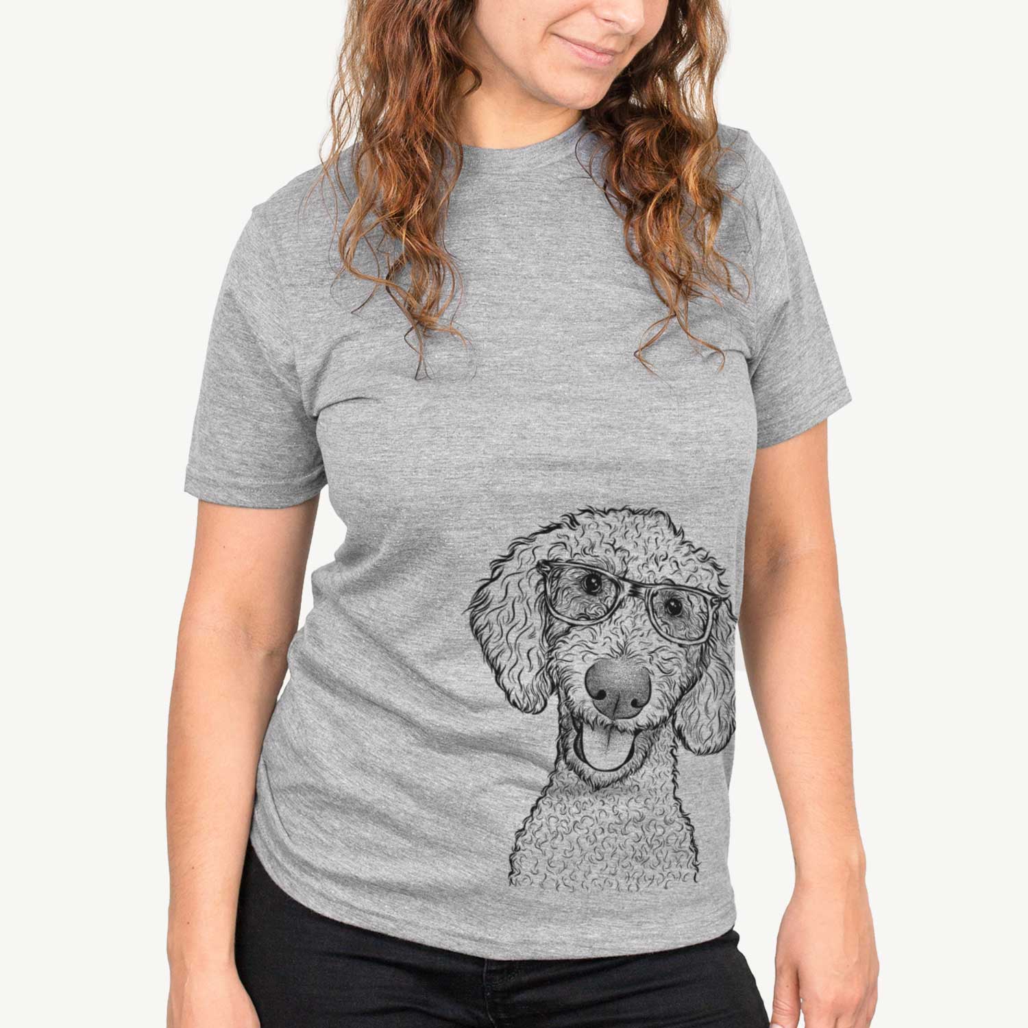 Hand-drawn sketch of Fenway the Goldendoodle on a Grey Unisex crewneck