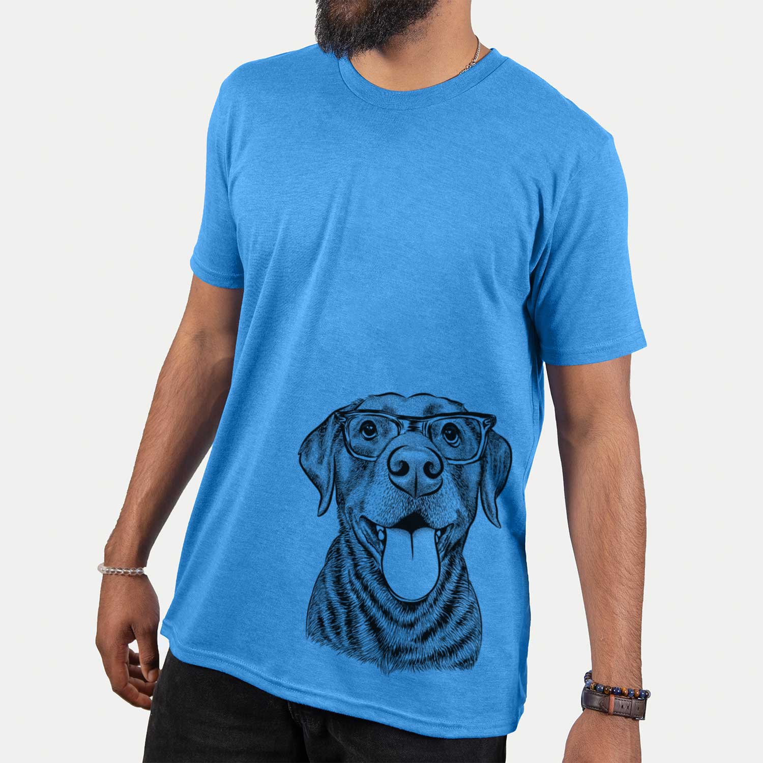 Hand-drawn sketch of Gwen the Labrador Retriever on a Blue Unisex crewneck
