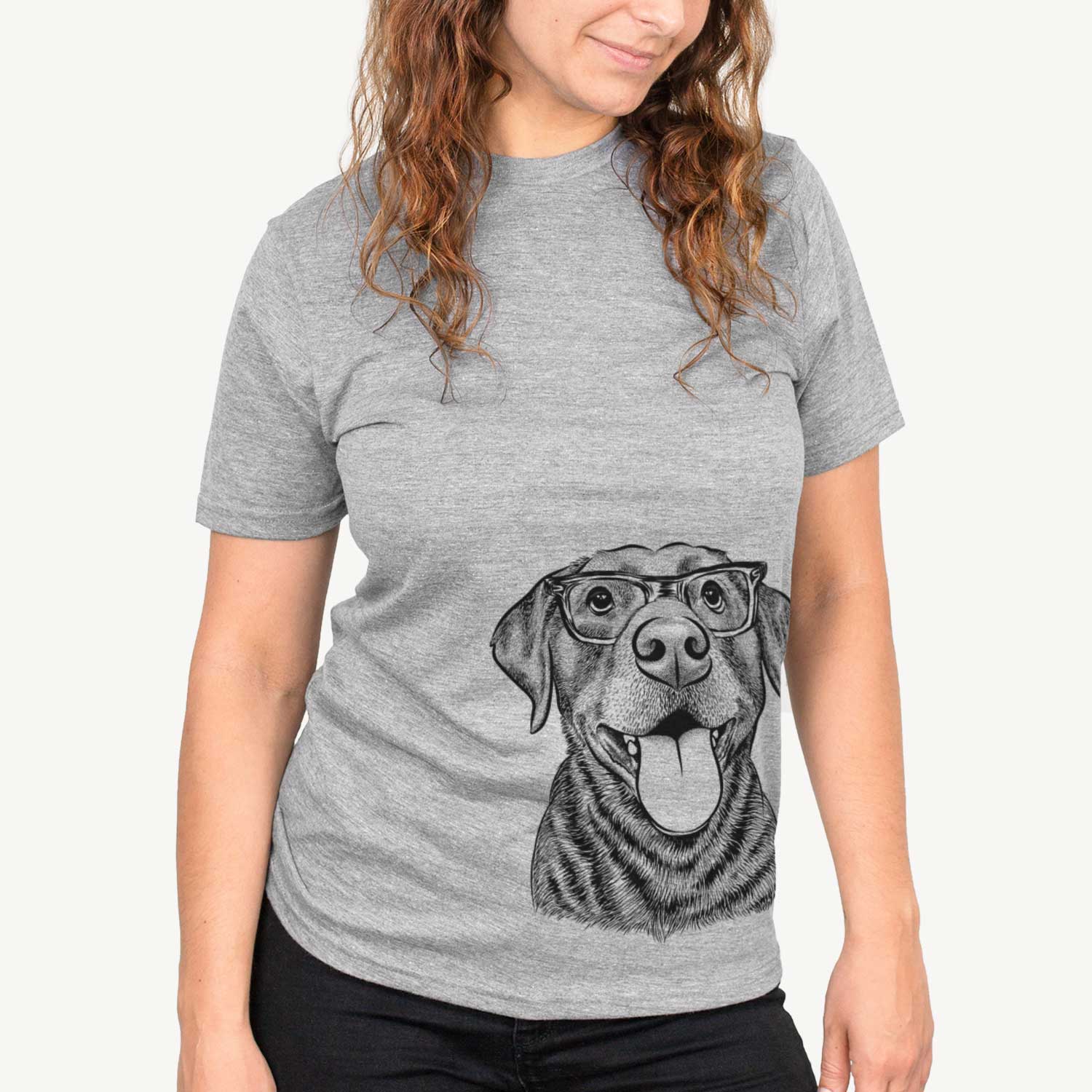 Hand-drawn sketch of Gwen the Labrador Retriever on a Grey Unisex crewneck
