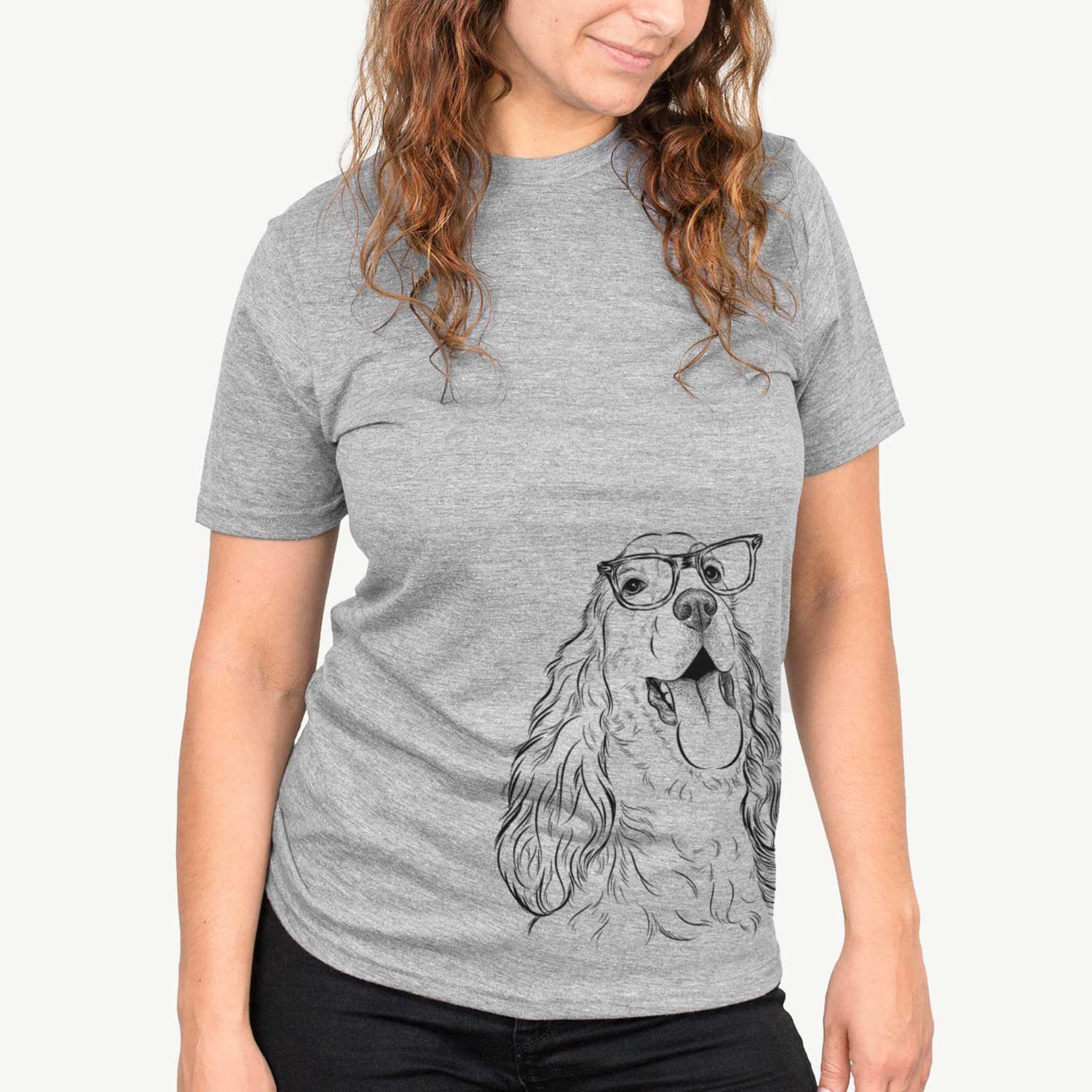 Hand-drawn sketch of Happy Henry the English Cocker Spaniel on a Grey Unisex crewneck
