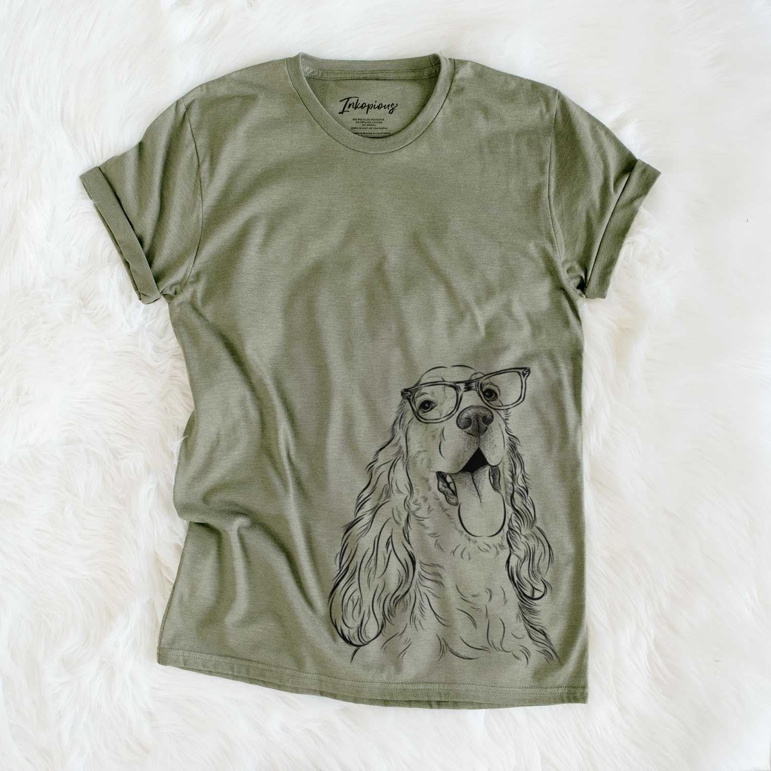 Hand-drawn sketch of Happy Henry the English Cocker Spaniel on an Olive Unisex crewneck